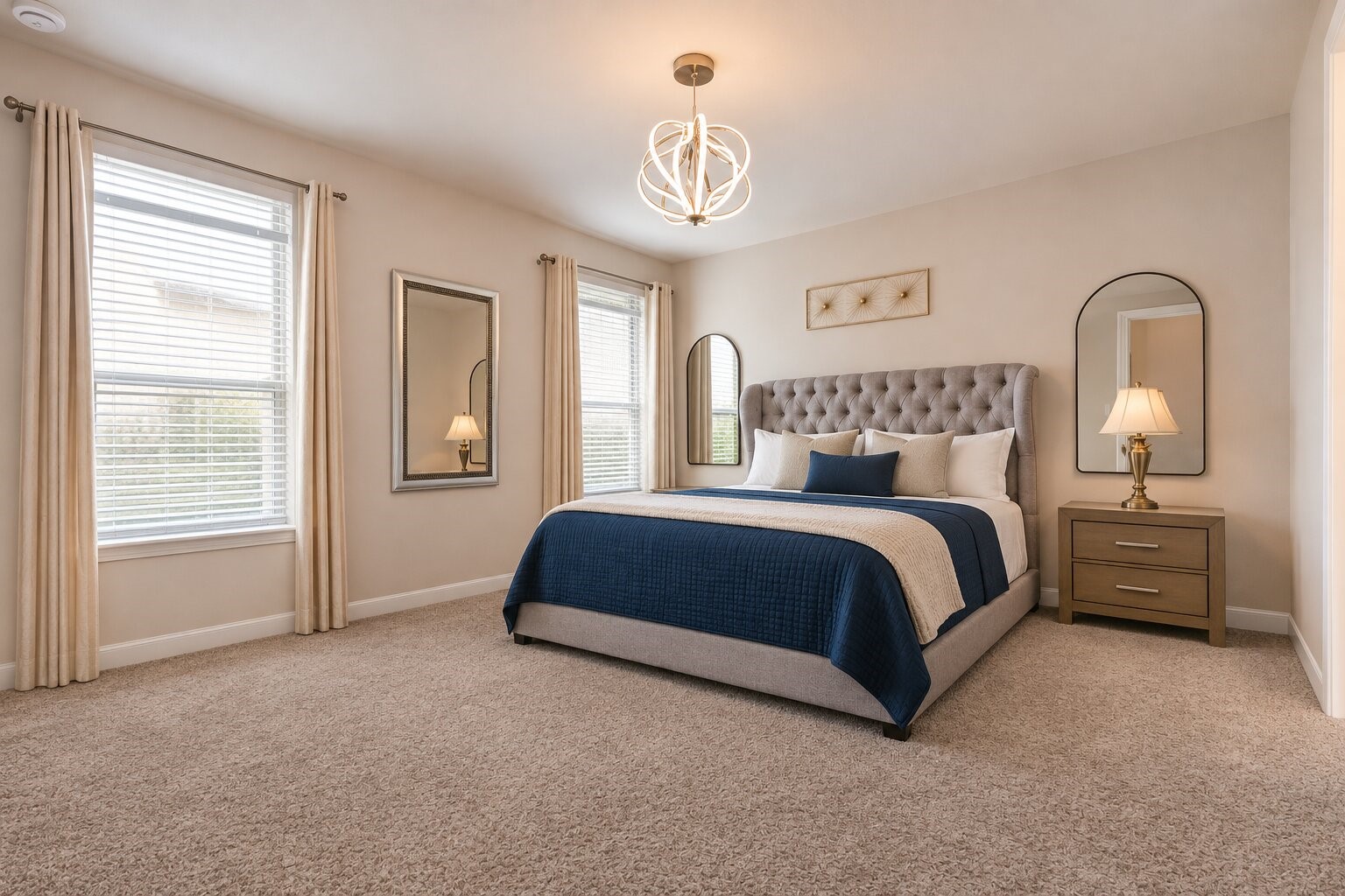 Inviting primary bedroom featuring a stylish statement chandelier, abundant natural light from two windows, plush carpeting, and generous space for a complete bedroom suite. A comfortable retreat with an elegant atmosphere. Photo has been digitally decluttered and virtually staged.