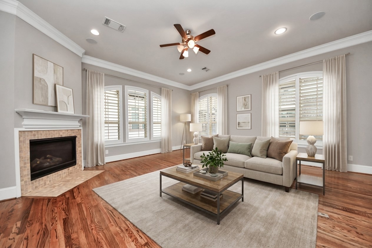 Virtually staged living room with gas fireplace and TONS of light from the unobstructed wall of windows.