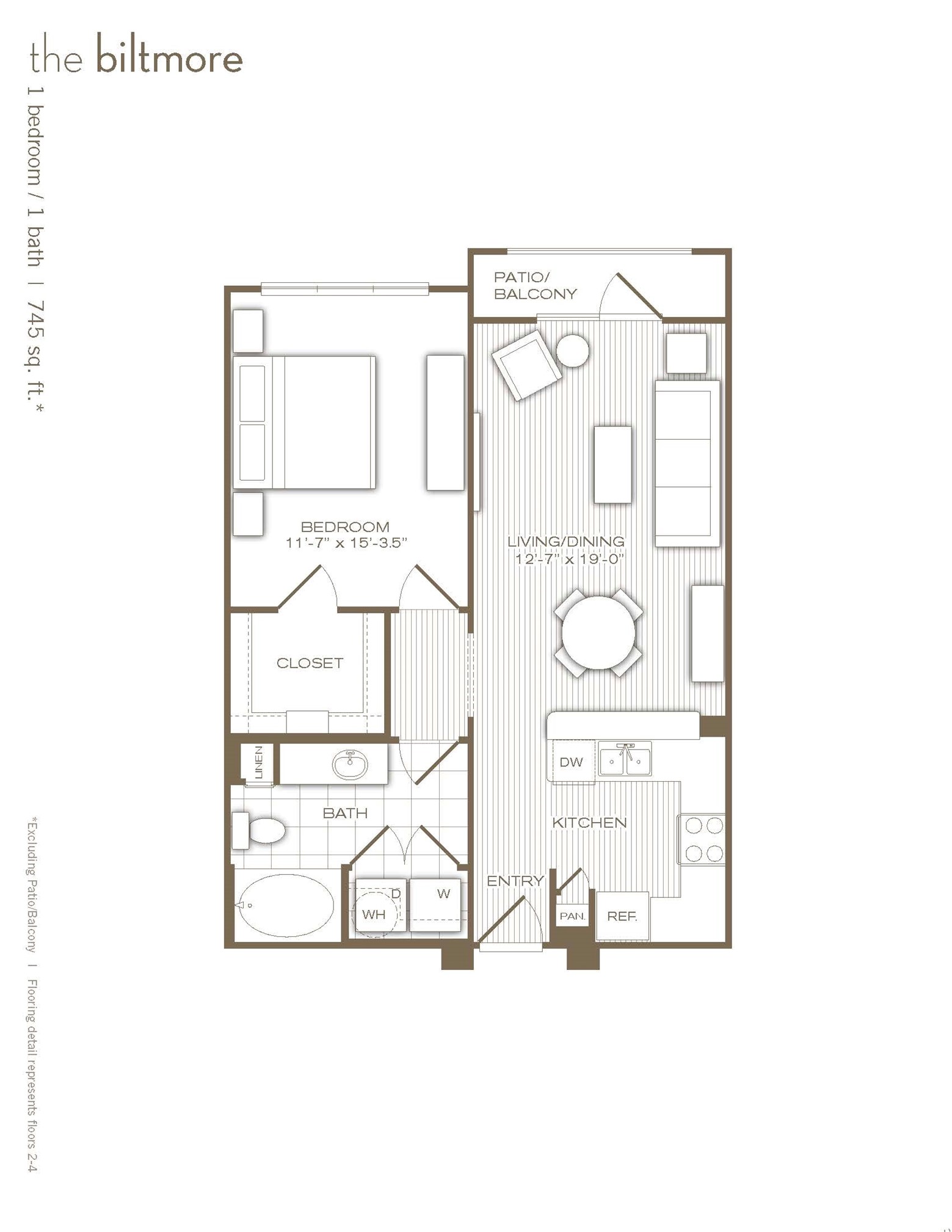 Floor plan of this 745sf (per seller) 1 bedroom/1 bath