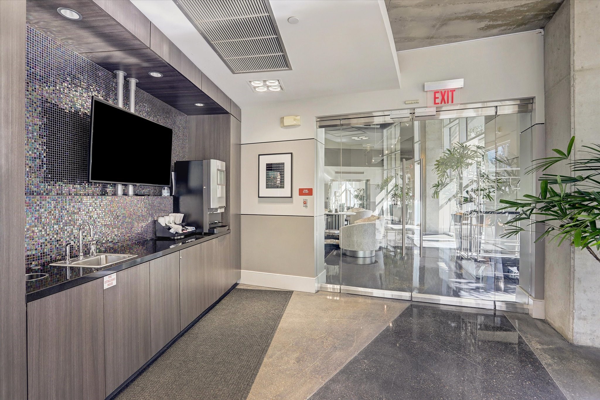 The building has its own coffee bar.  The machine will provide you with a latte, hot chocolate or just regular coffee.  So many choices and a great place to gather and meet your neighbors.