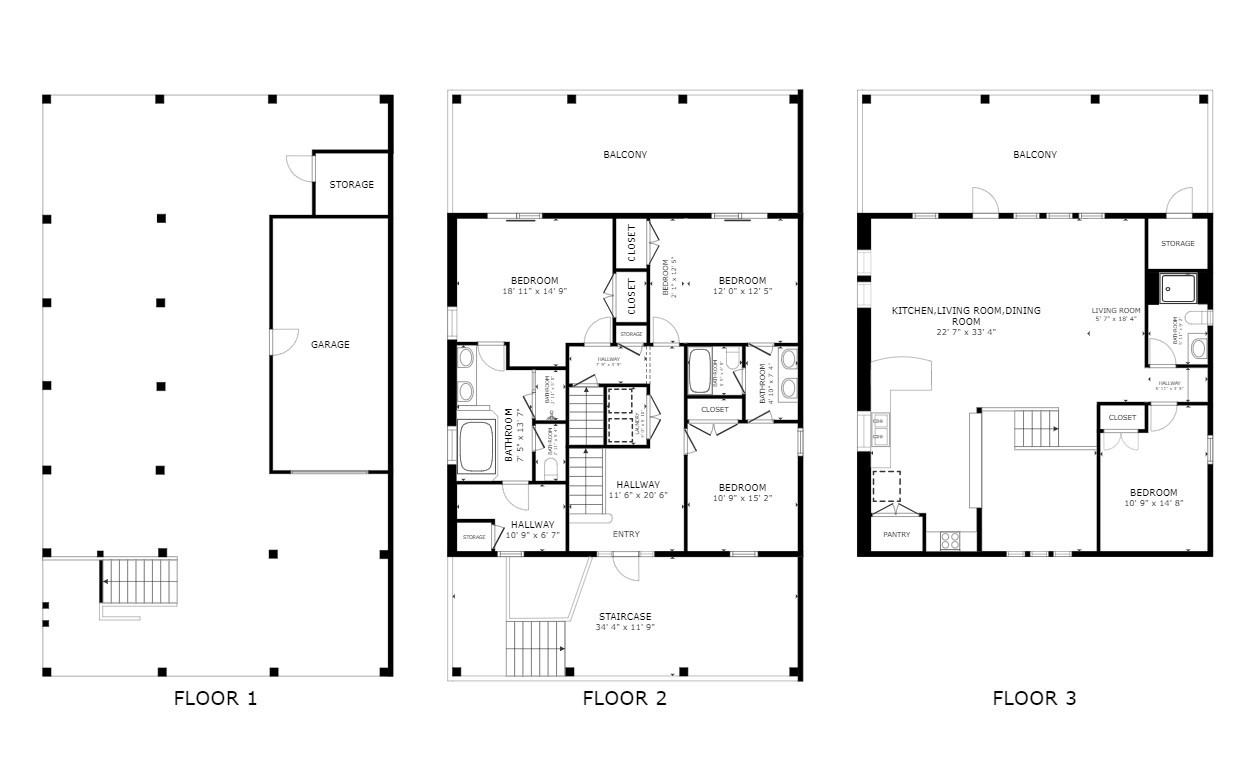 Get the full picture of your three-level layout, from the garage and covered ground level to the bedrooms, open living spaces, and expansive balconies above.