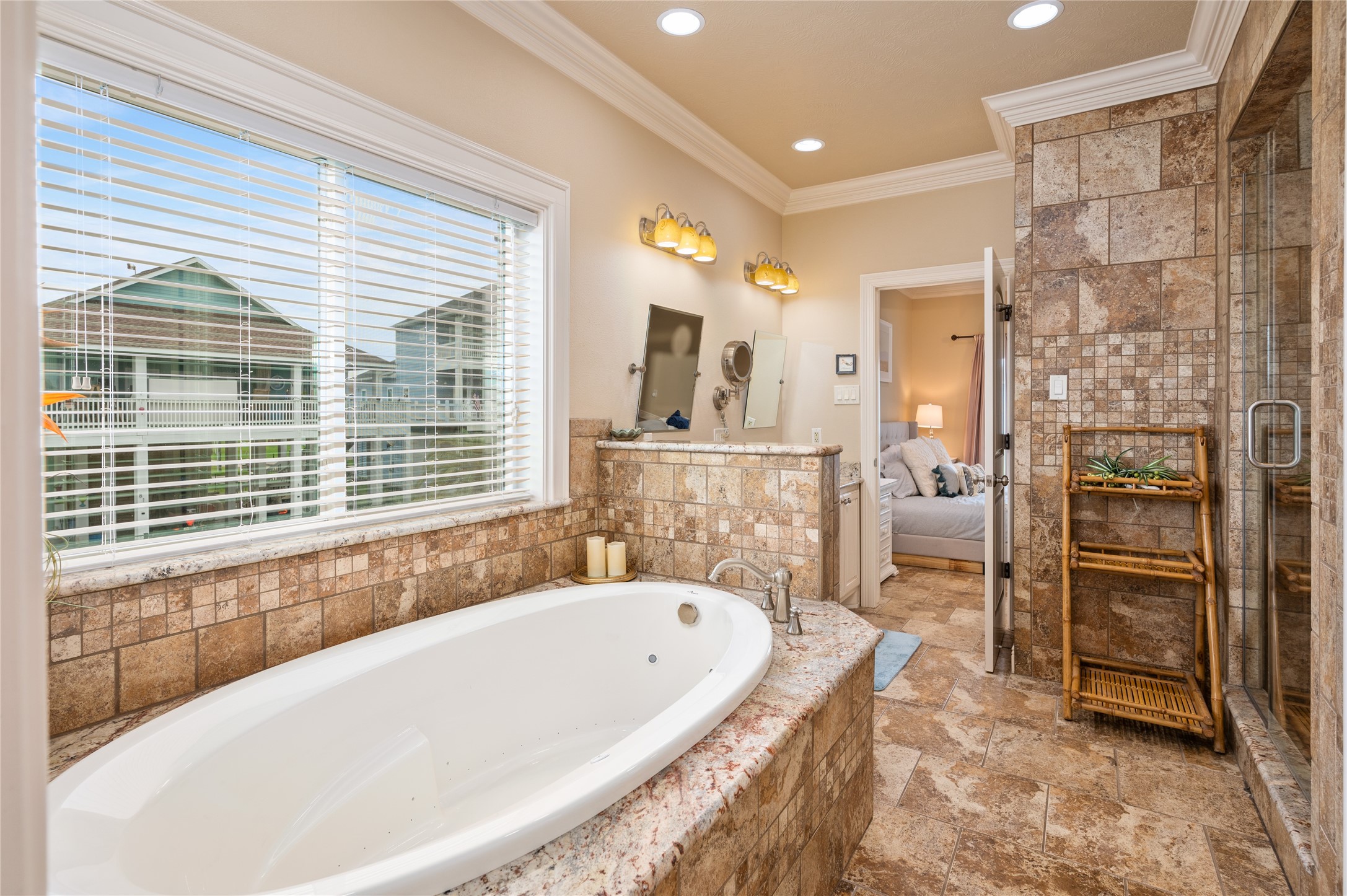 Soak away the day in your jetted tub surrounded by warm tilework, with a spacious walk-in shower just steps away.
