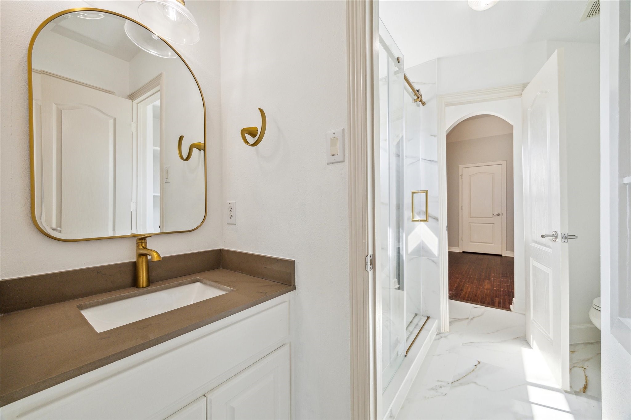 Second & third bedrooms up share new custom bathroom with glass shower