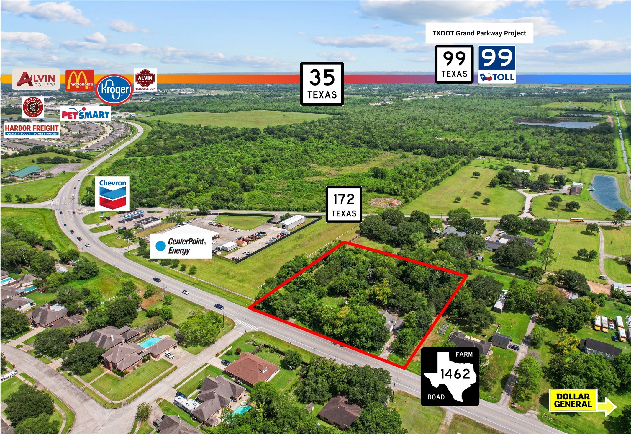 Prime location- approximately 2 acres with exceptional FM 1462 frontage near established retail, services and major transportation routes. Prime location- approximately 2 acres with exceptional FM 1462 frontage near established retail, services and major transportation routes.