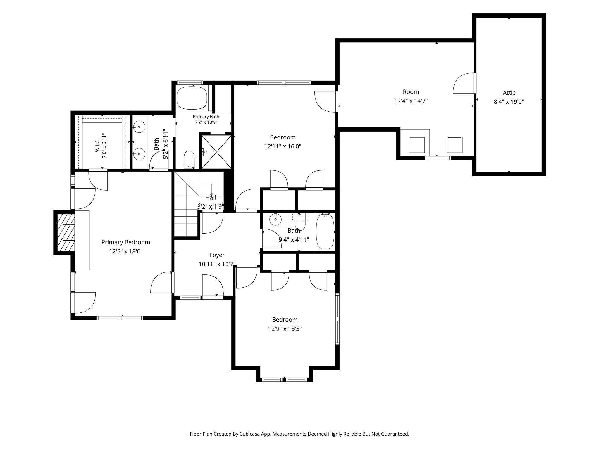 Second-level floor plan featuring the primary suite with fireplace, private bath and walk-in closet, two additional bedrooms, a full bathroom, and a spacious bonus/laundry room with access to walk-in attic storage. Room dimensions are approximate.
