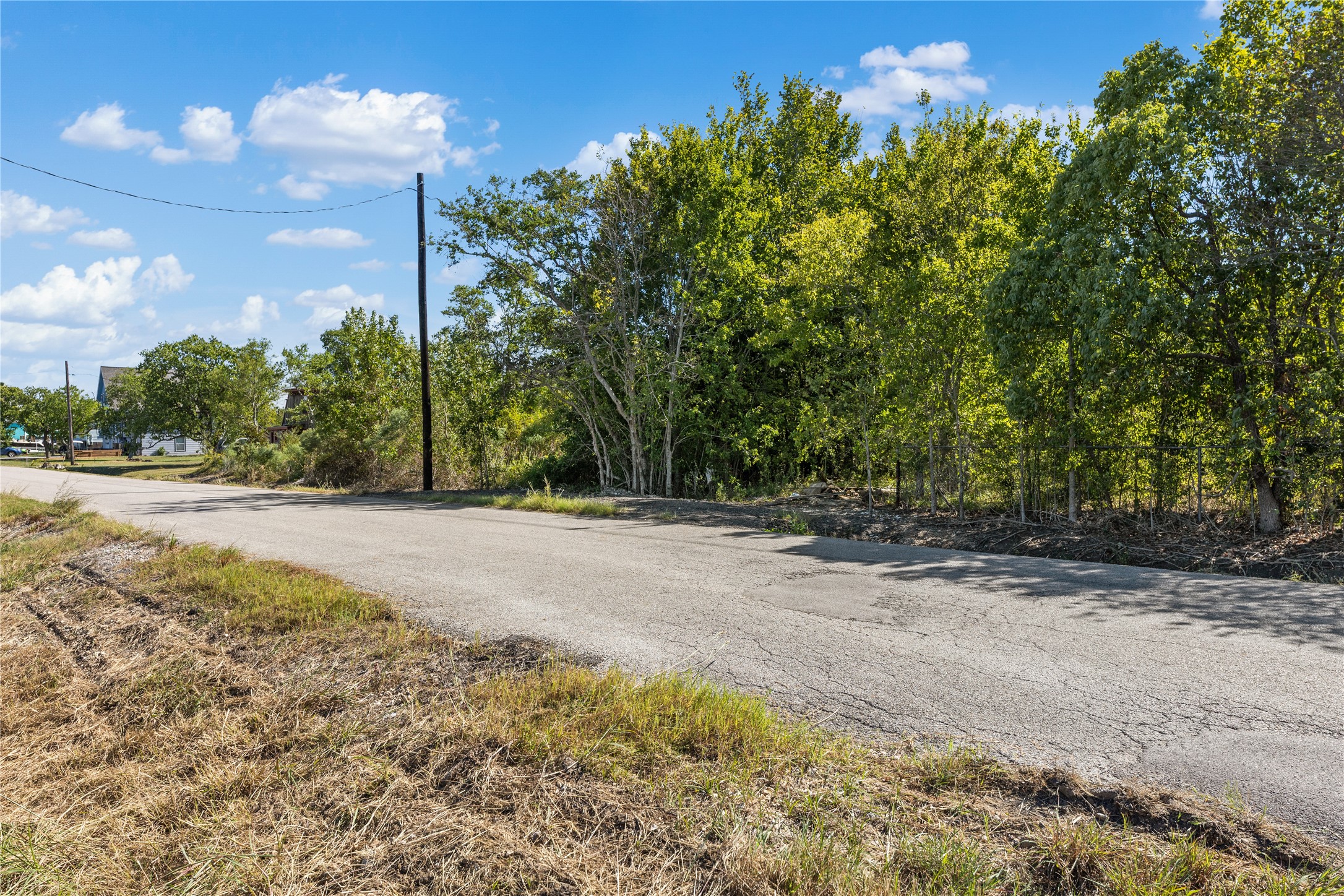 Lot is overgrown, with old electrical service and old wooden structure on property.