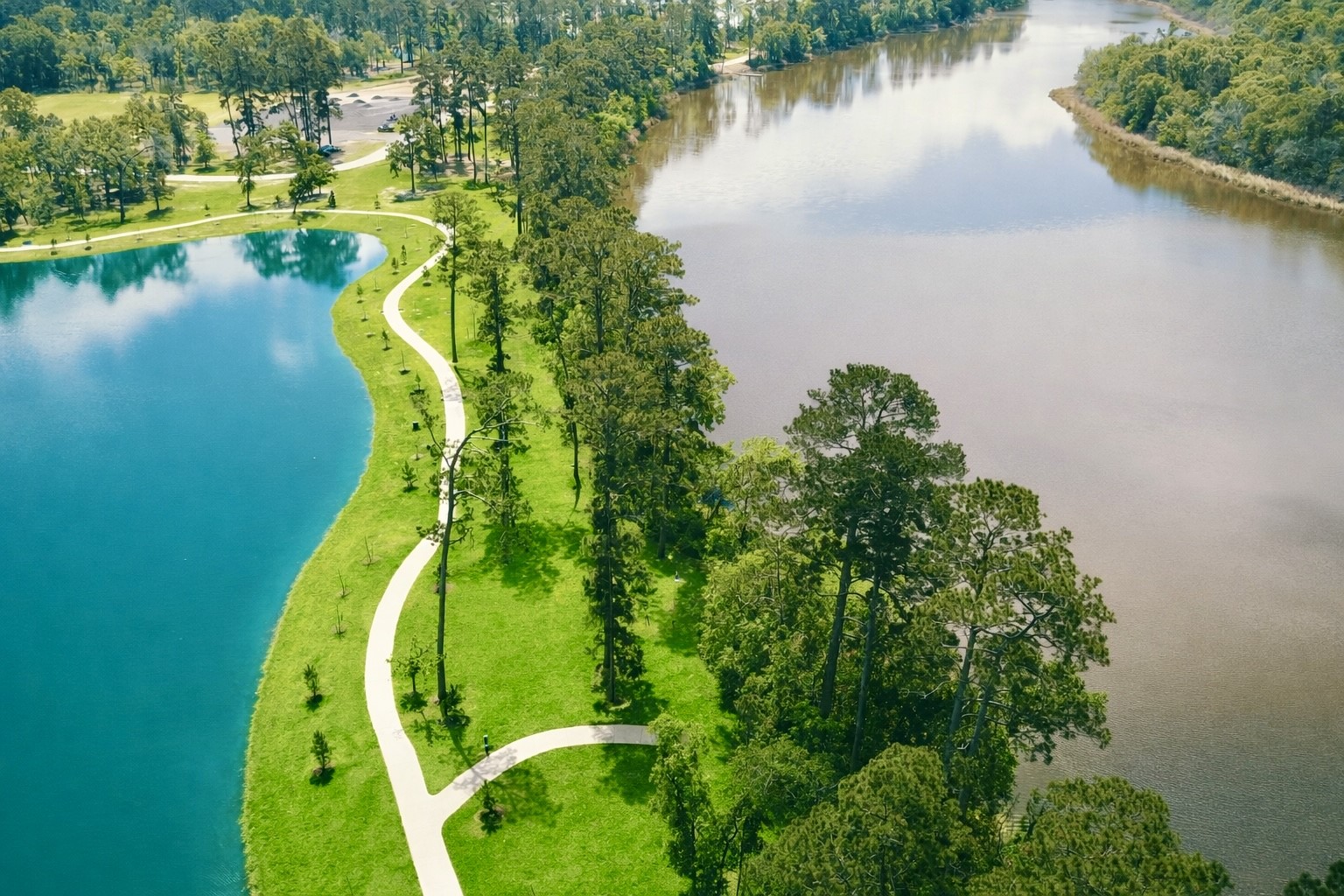 Picturesque paths along a tranquil river and a shimmering lake.