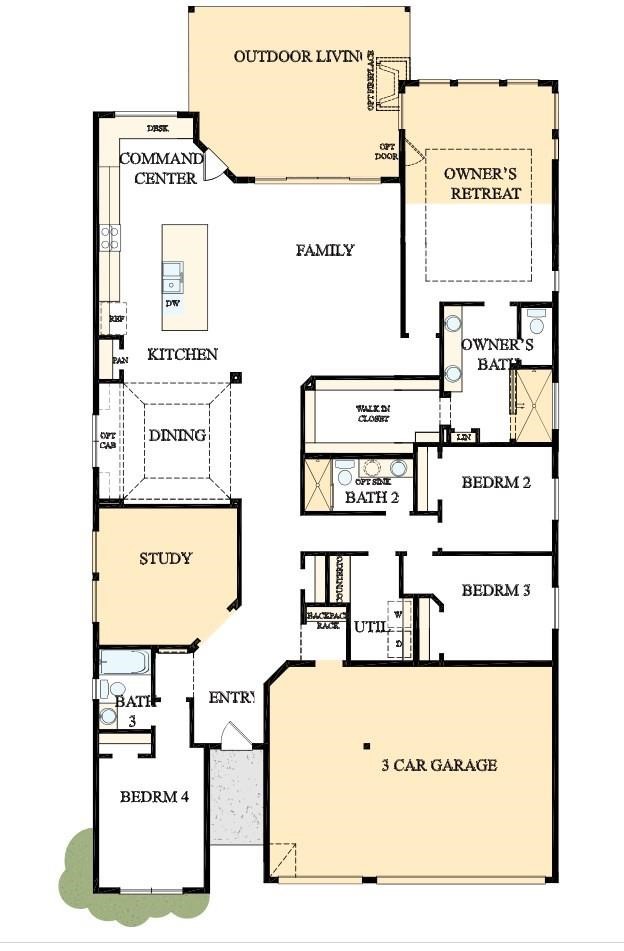 Discover the Omaha floor plan: an elegantly designed home featuring a spacious family area, a luxurious owner's retreat, and an inviting outdoor living space, all complemented by a gourmet kitchen, private study, and a generous three-car garage.