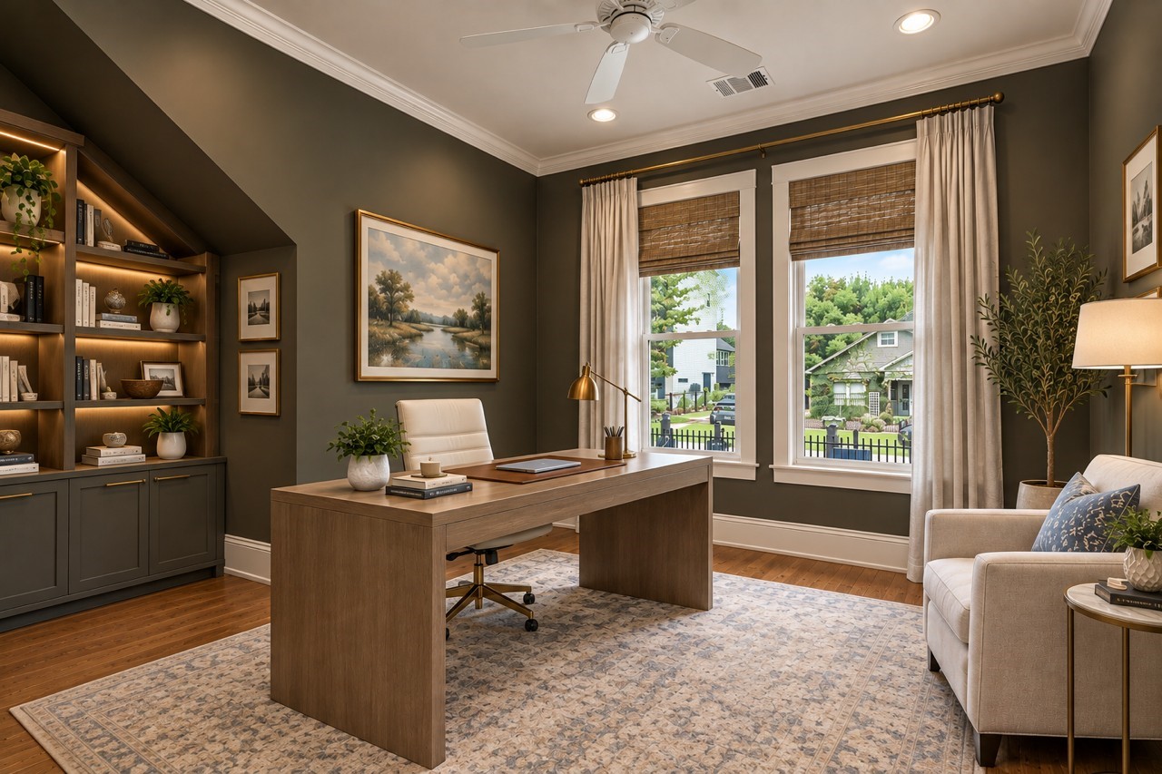 Another option for the downstairs flex room as a home office. (virtually staged)