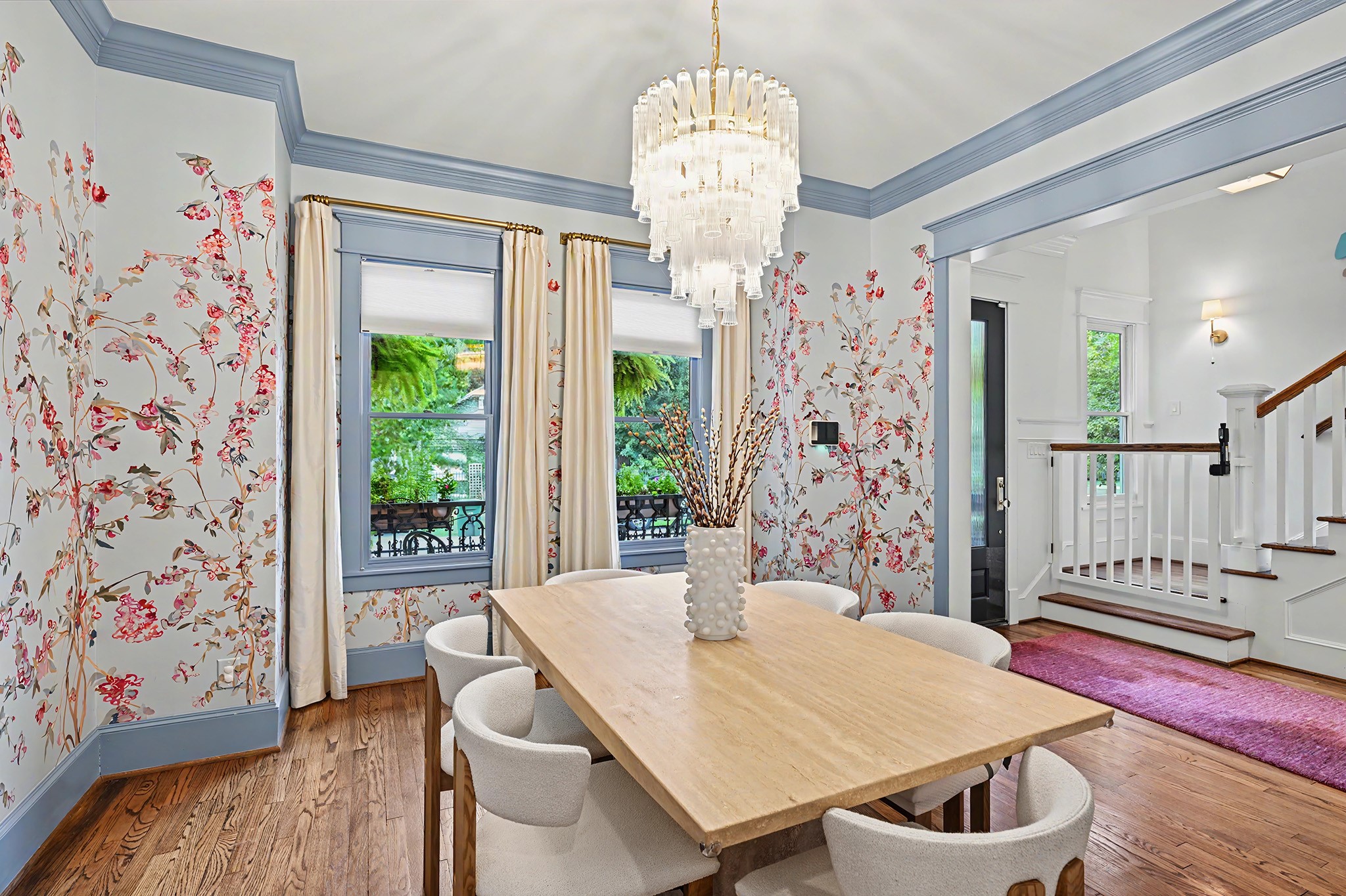 Entertain in style! Designer's dining room features a simply breathtaking chandelier that will make large dinner parties and holiday gatherings memorable.