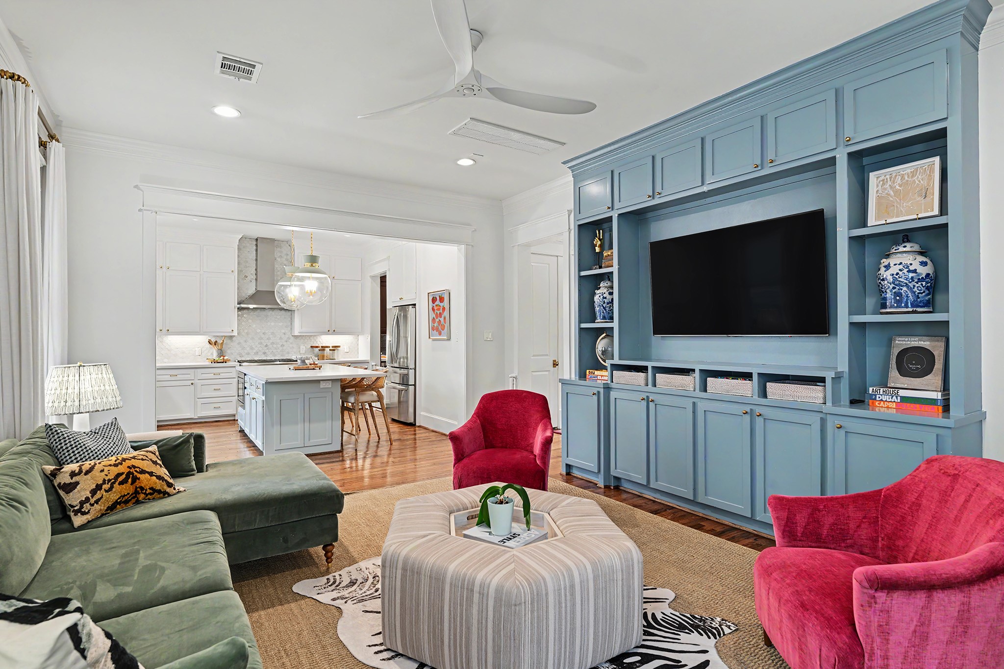 Overall view of the downstairs family room/kitchen.