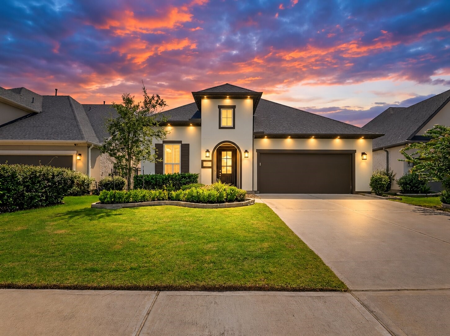 Welcome to 28314 Emerald Bend, a modern two-story stucco home boasting refined contemporary architecture, manicured landscaping, a private study, and a spacious two-car garage.
