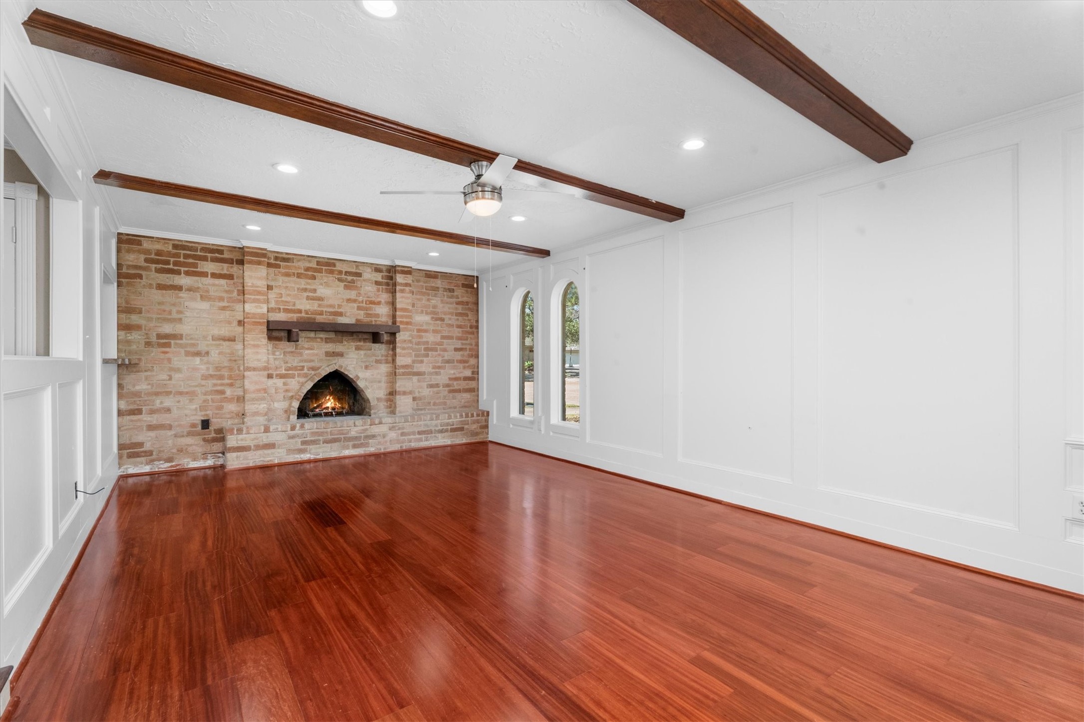 Family room showing cozy wood/gas fireplace