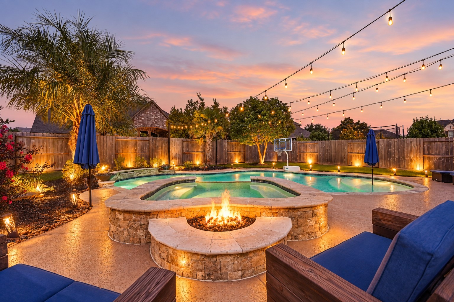 The backyard really shines after sunset! A built-in gas fire pit fronts the oversized spa, while glowing string lights, illuminated landscaping and pool lighting create a spectacular nighttime setting.