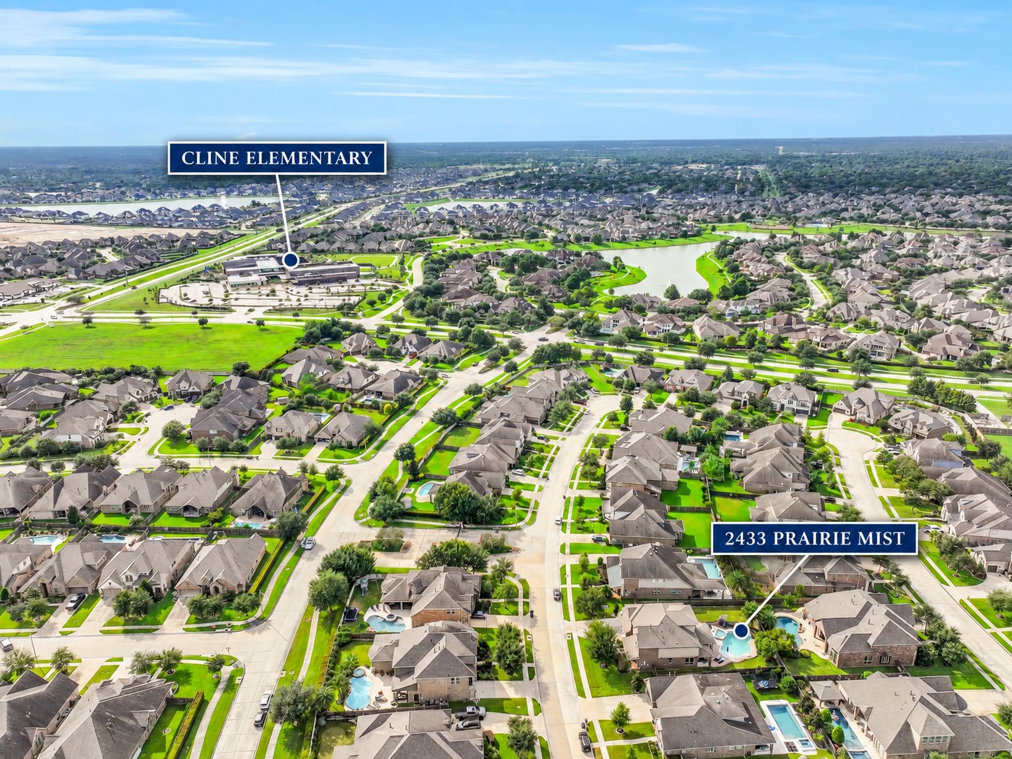 Location is a standout! This labeled aerial illustrates just how close 2433 Prairie Mist is to the new Cline Elementary, offering convenient walkable access from this gated section of West Ranch.