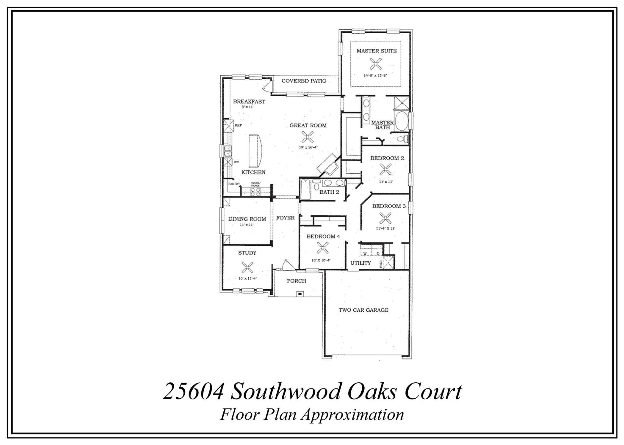 This is a spacious single-story VILLAGE BUILDER floor plan featuring four bedrooms, including a master suite with a private bath, an additional full bath, a study, a dining room, a great room, and a open kitchen with a breakfast area. There's also a back patio, front porch, utility room, and a two-car garage.