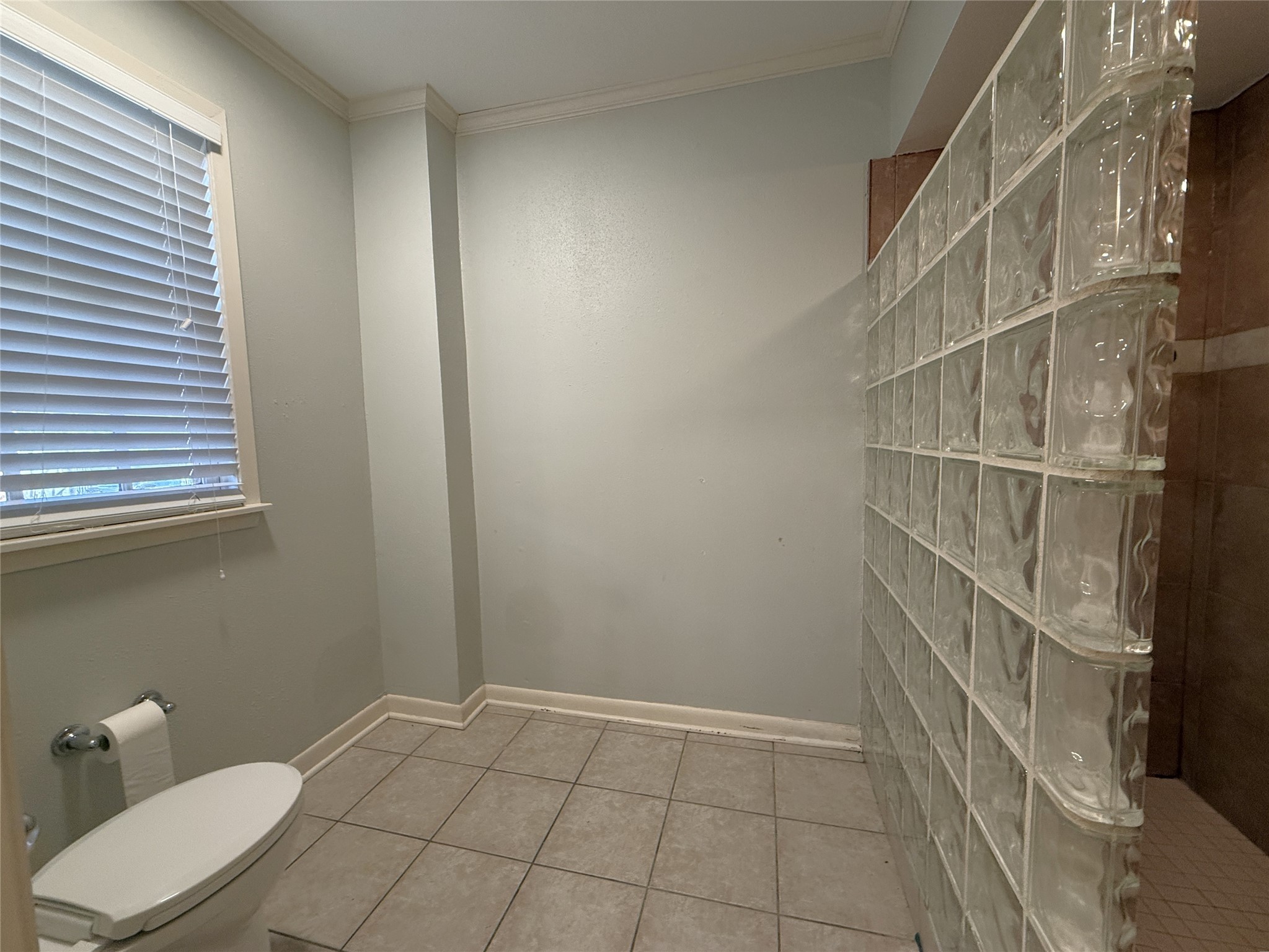 The shower primary bathroom shower features vintage block glass.