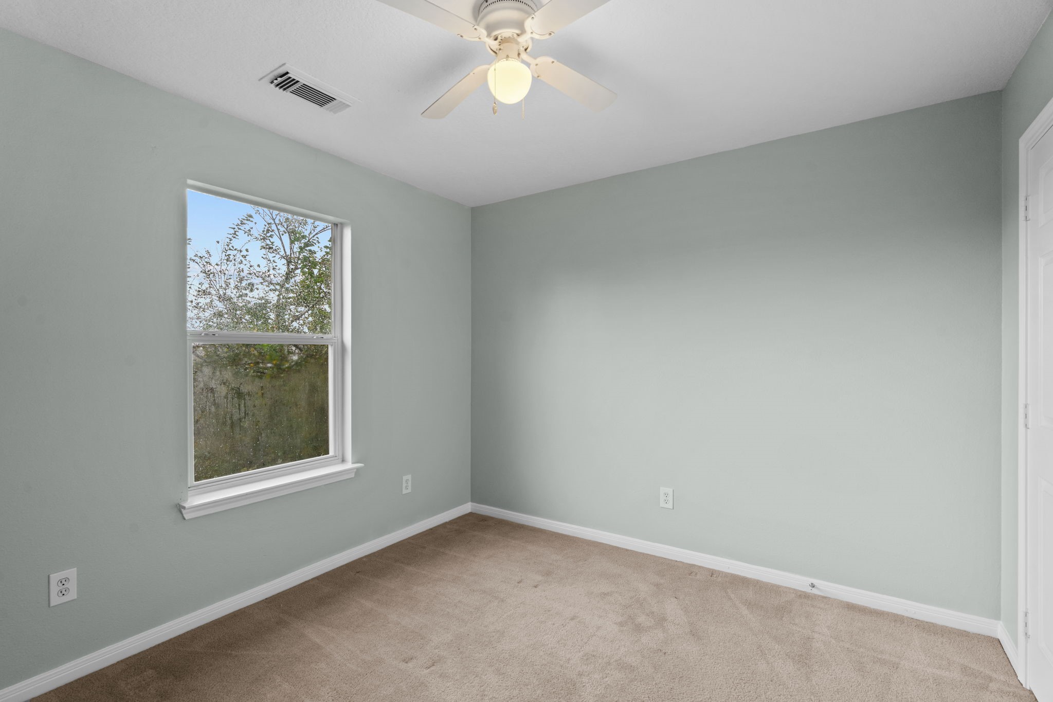 Cozy bedroom with soft green walls, plush carpet, and a ceiling fan.