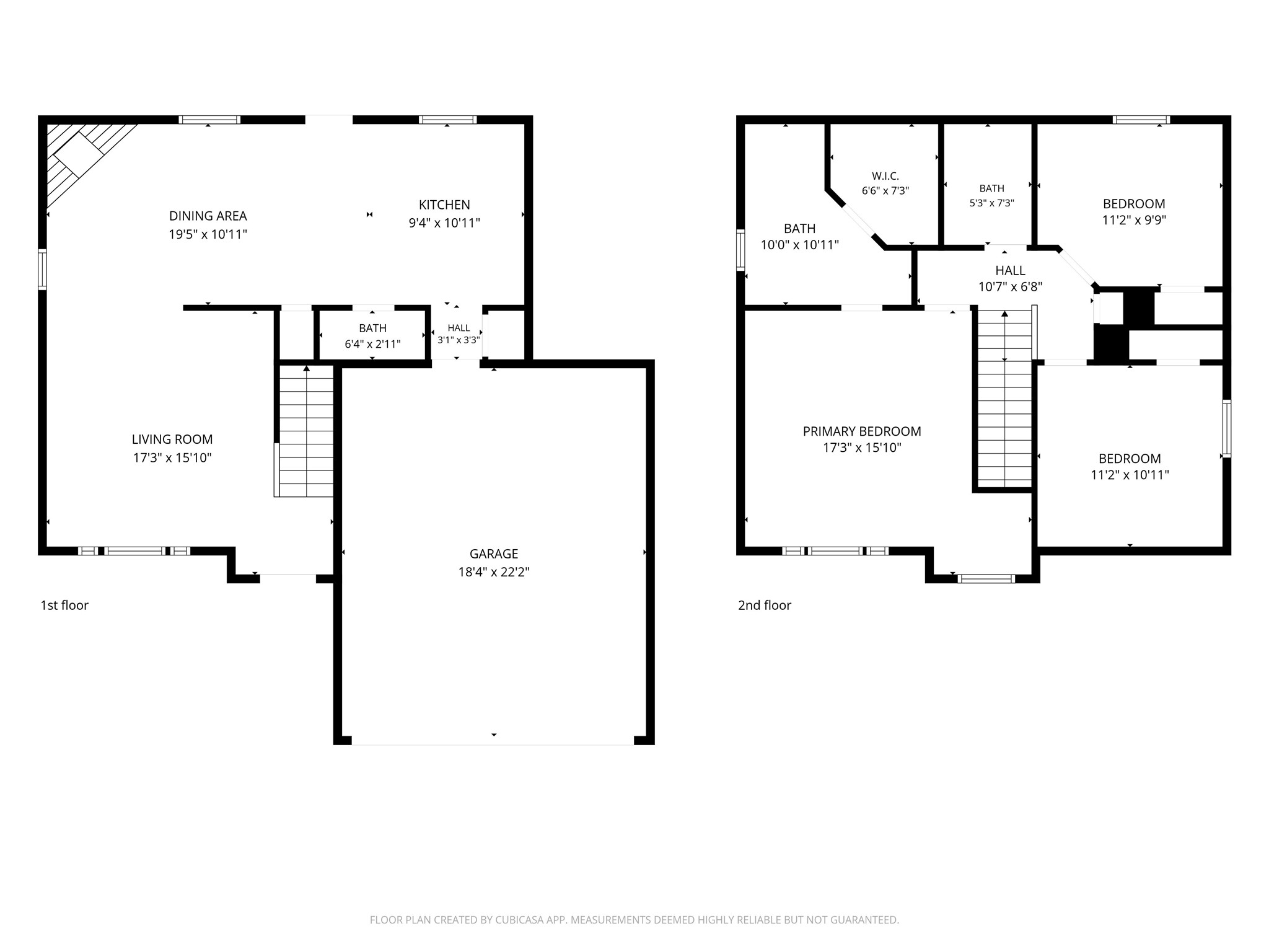 Spacious two-story floor plan featuring a large living room, open dining area, and kitchen on the first floor, with three bedrooms and two baths upstairs. Includes a sizable garage.