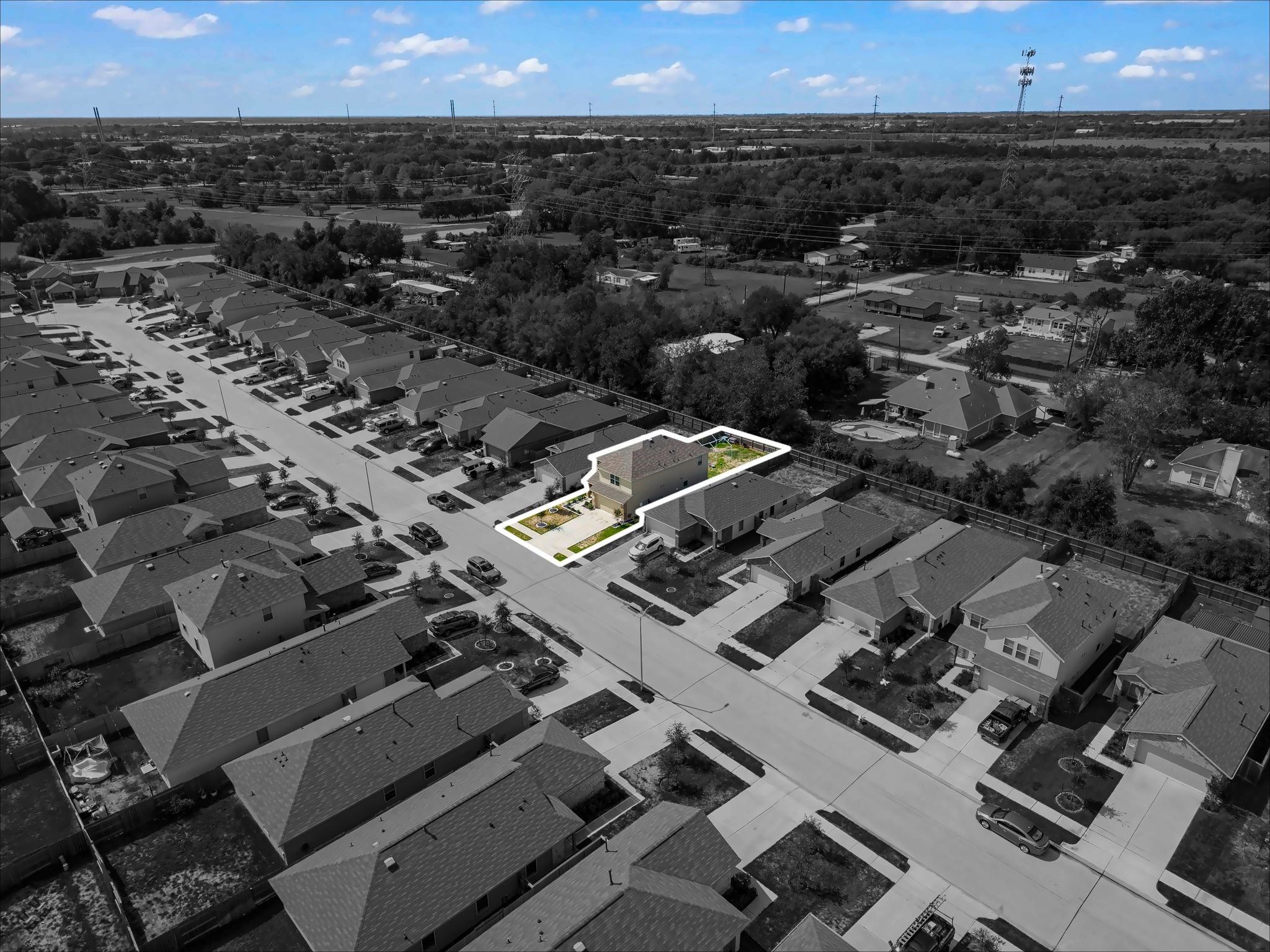 Aerial street view with the home highlighted