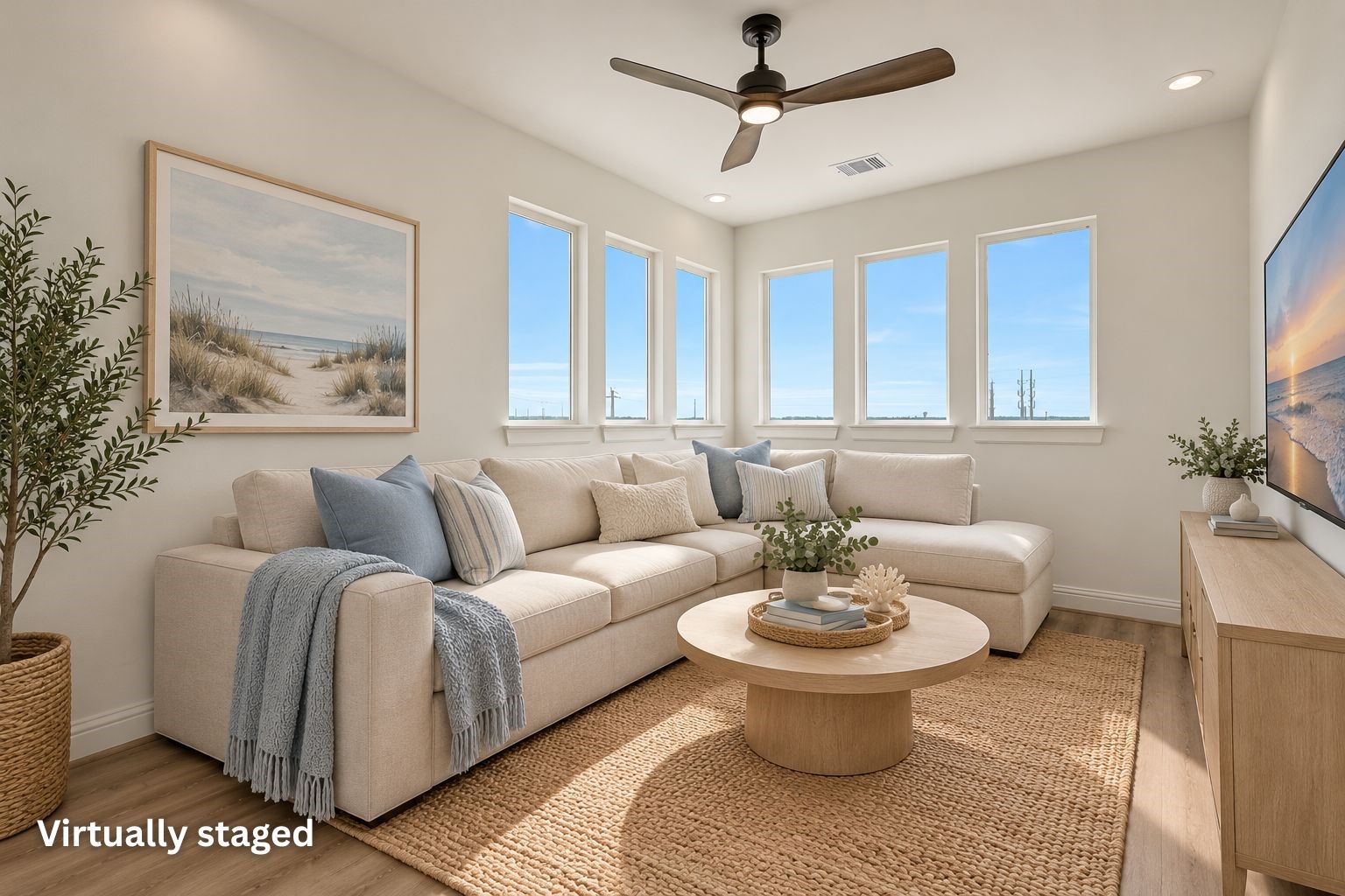 Virtually staged photo of the family room!