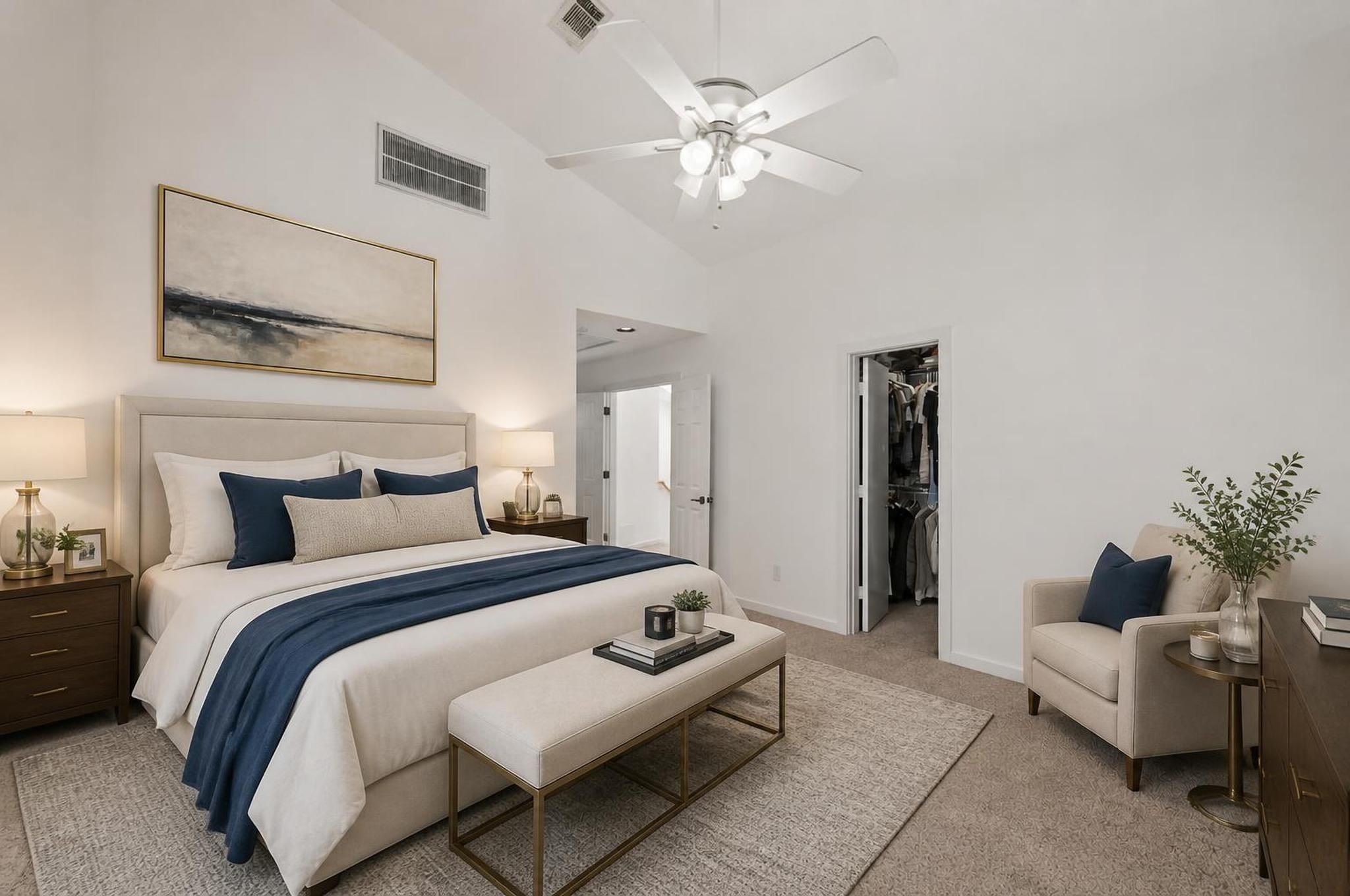 The entire third floor is designed around the primary retreat, with high ceilings, a private bedroom, ensuite bath, two walk-in closets, and dedicated office space. The layout gives the suite strong separation from the rest of the home. Virtually staged.