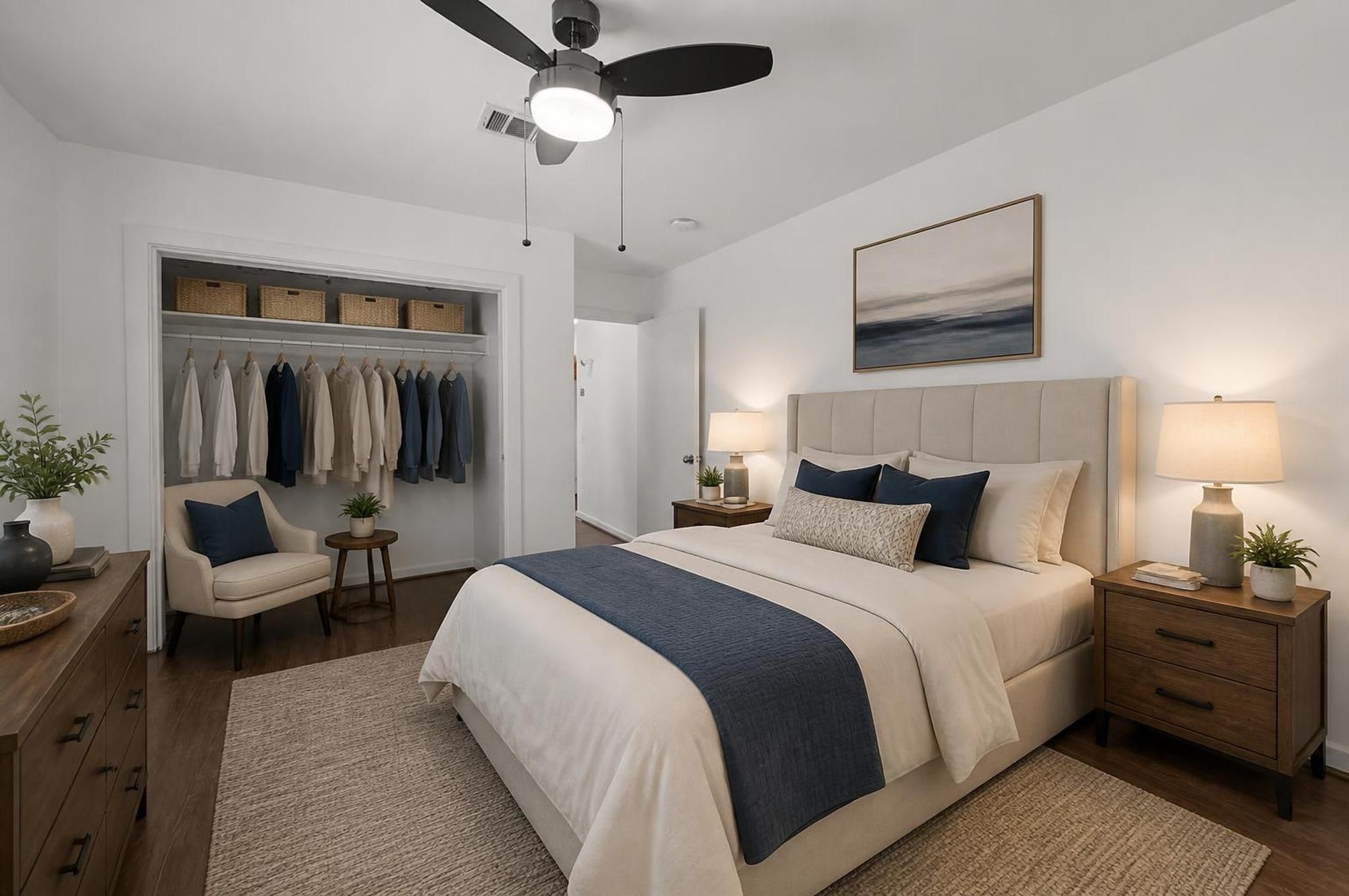 The first-floor bedroom suite creates a private setup with its own full bath and direct access to the backyard. It works beautifully as a guest suite, roommate space, office retreat, or private bedroom level. Virtually staged.
