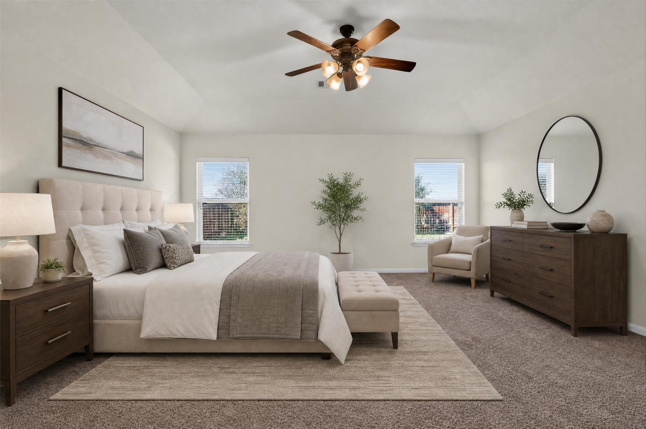 A restful retreat with room to make it your own! This spacious bedroom features two windows that bring in natural light, soft carpeting underfoot, and a ceiling fan with lighting for everyday comfort. Neutral walls provide a versatile backdrop for your favorite furnishings, while the generous layout allows for a comfortable sleeping area and a cozy spot to read or relax.