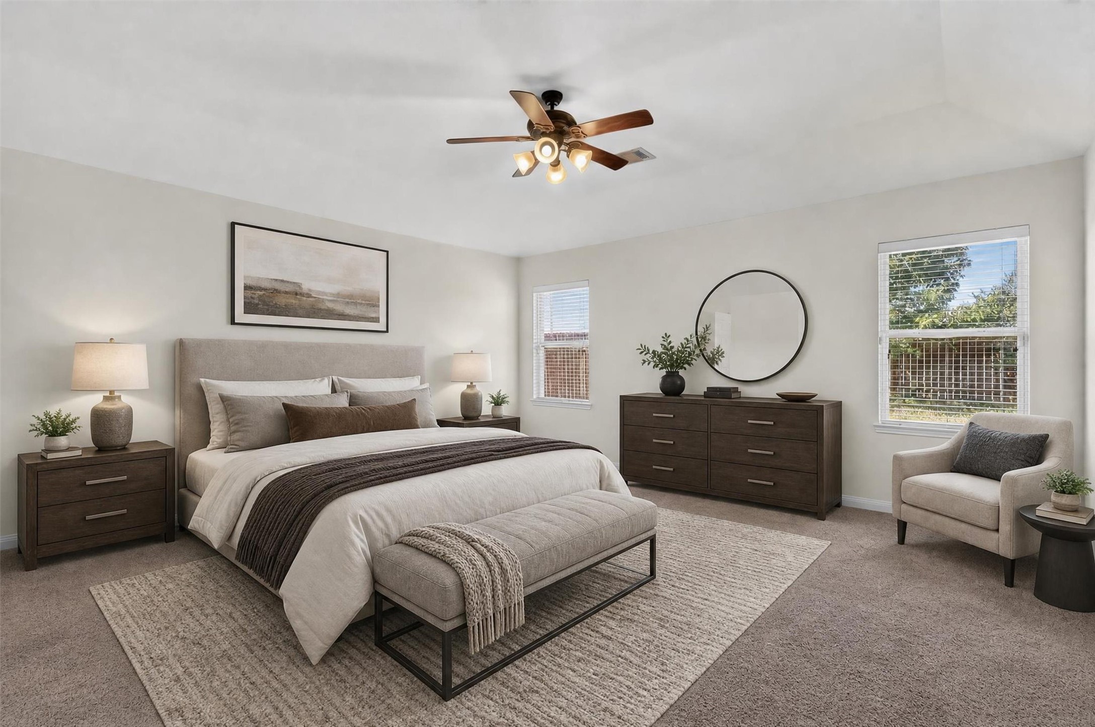 Unwind in this inviting bedroom, where two windows welcome natural light and neutral tones create a soothing backdrop for your personal style. Soft carpeting and a ceiling fan add everyday comfort, while the generous layout offers flexibility for bedroom furnishings and a cozy reading nook. An appealing retreat for slow mornings and restful evenings.