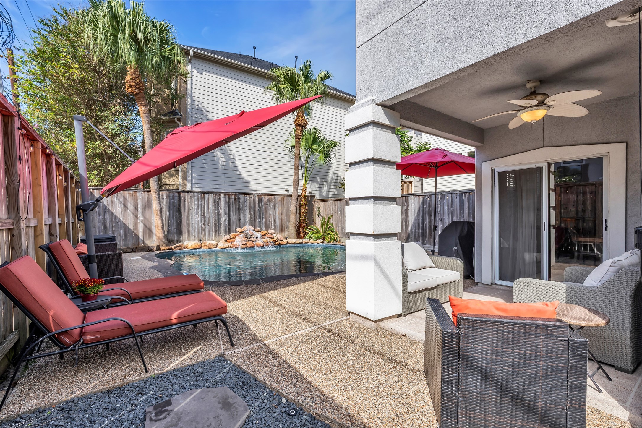 All the outdoor furniture, umbrellas, and BBQ grill are included in the lease.