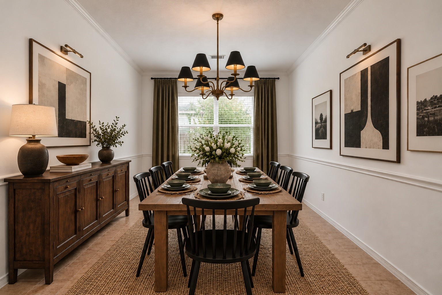 Virtual staging brings the formal dining room to life with a polished tablescape, illustrating its potential for dinner parties, celebratory meals, and other occasions.