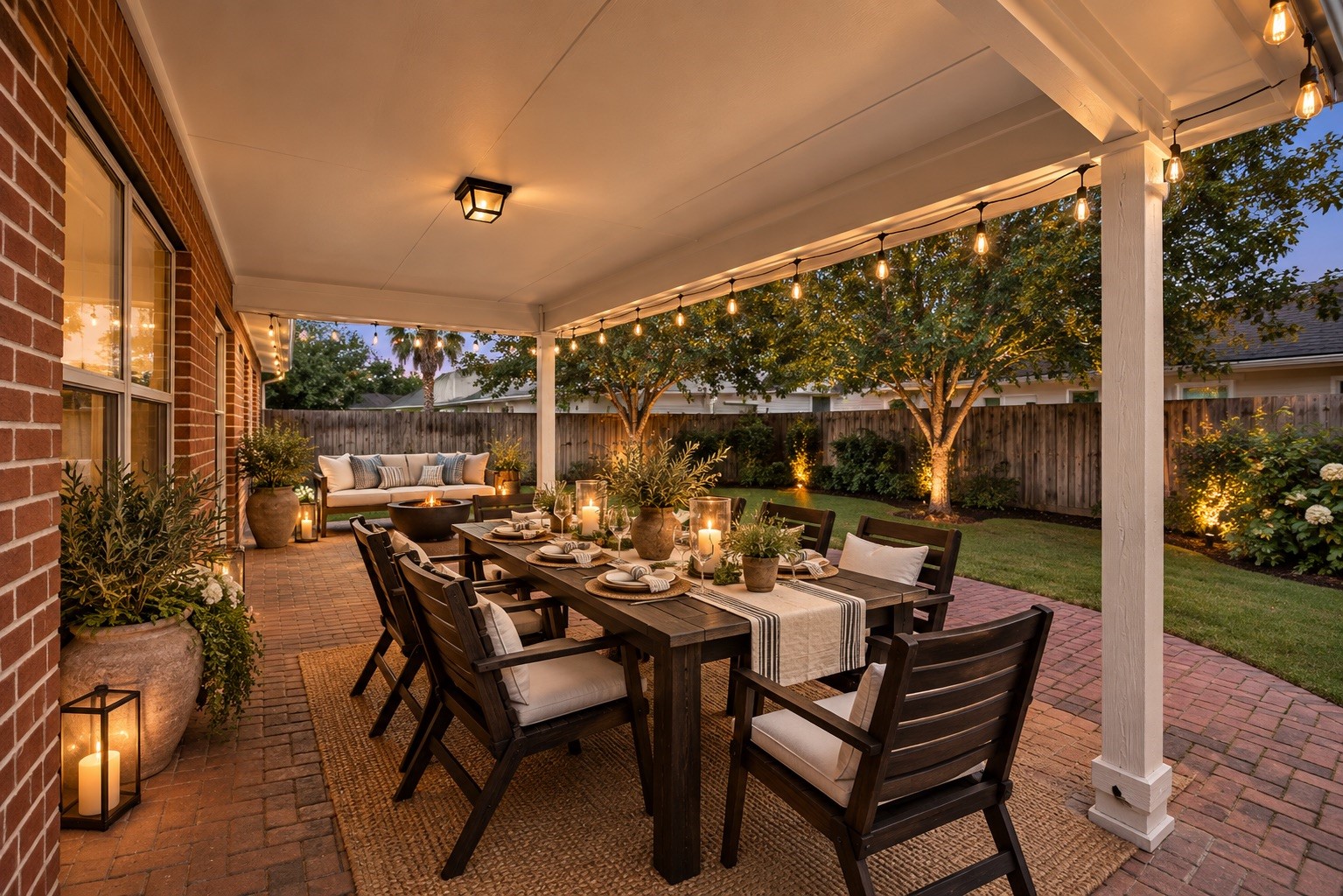Virtual staging transforms the covered patio into an outdoor living and dining area, illustrating how this sheltered extension can serve as an inviting place to entertain or enjoy time outside.