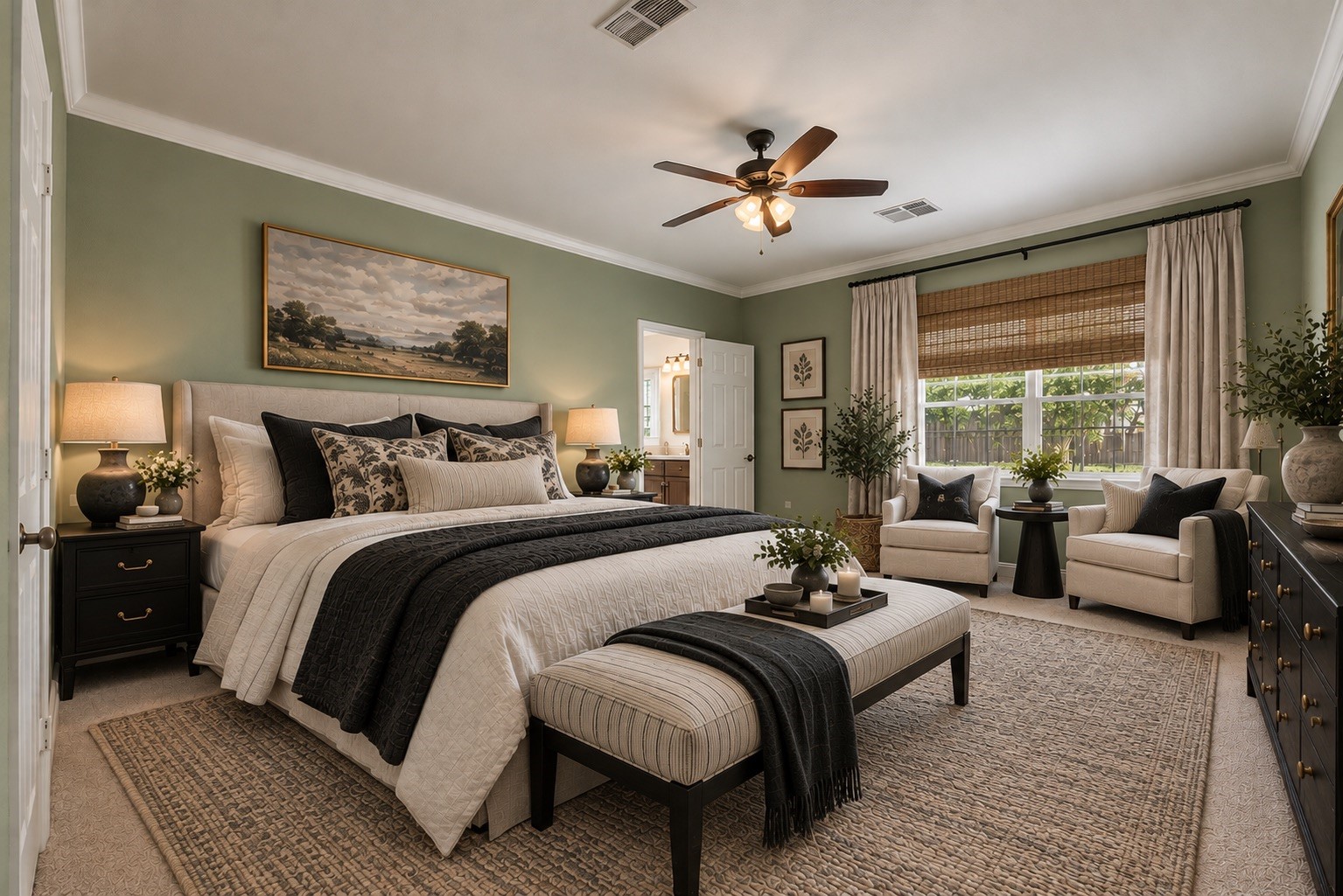 Virtual staging presents the primary bedroom as a restful retreat, illustrating how its spacious footprint can accommodate a well-appointed sleeping area and complementary furnishings.