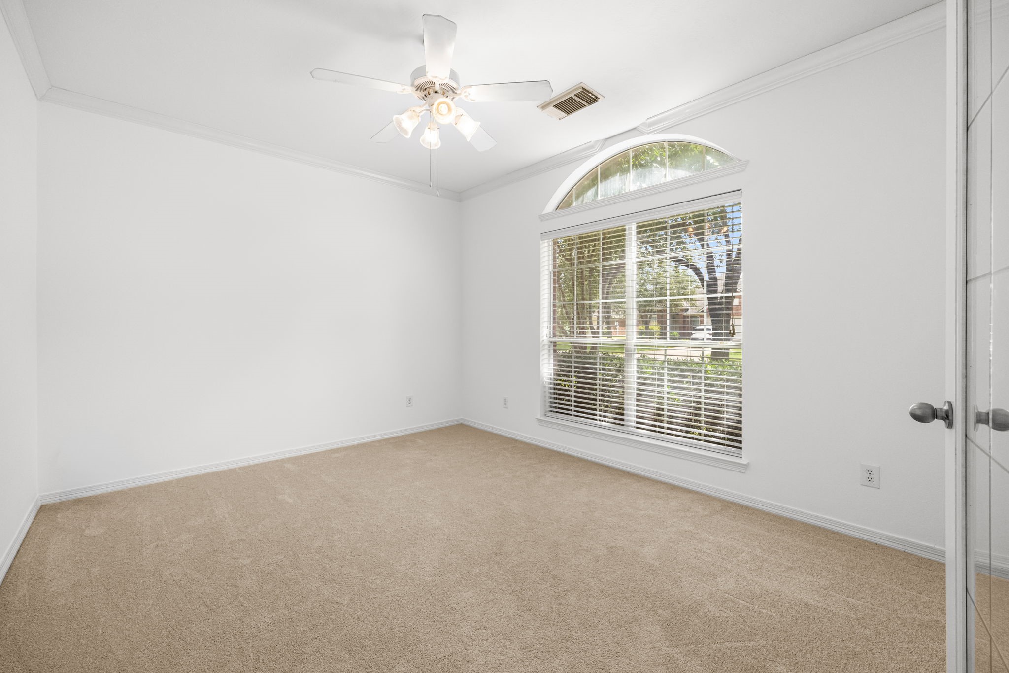 Natural light pours through an oversized window in this dedicated office, illuminating plush carpeting and crown molding for a workspace with classic architectural detail.