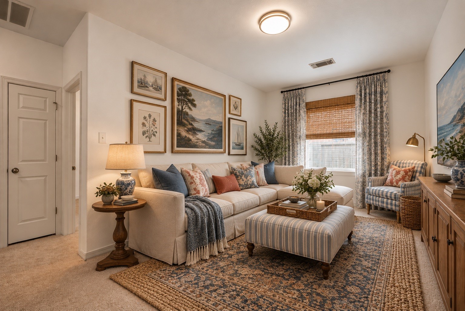 Virtual staging illustrates one possible use for the flex room, transforming the extra space into a cozy, dedicated spot for reading, relaxing, or enjoying favorite entertainment.