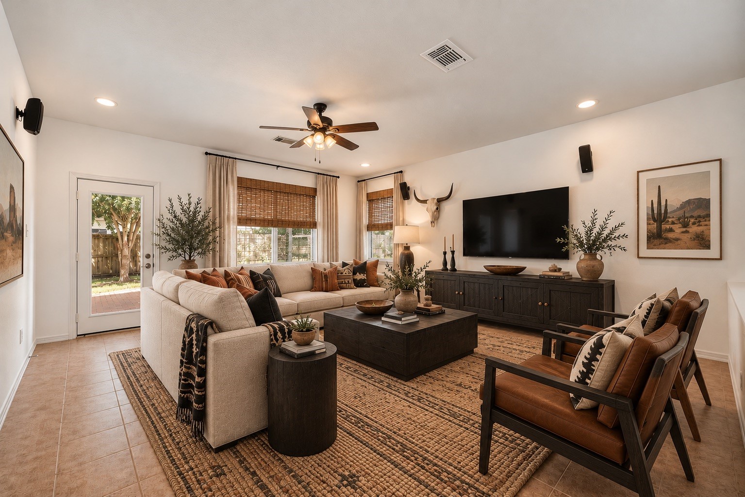 Virtual staging reveals the living area's potential for a comfortable seating arrangement, with the open connection to the kitchen helping the spaces feel naturally linked.