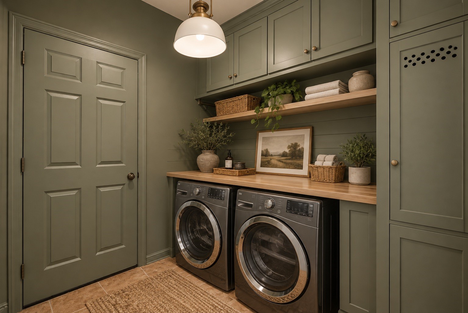 Virtual staging demonstrates how the laundry room can accommodate full-sized appliances, with built-in cabinetry providing convenient storage for household supplies and laundry essentials.