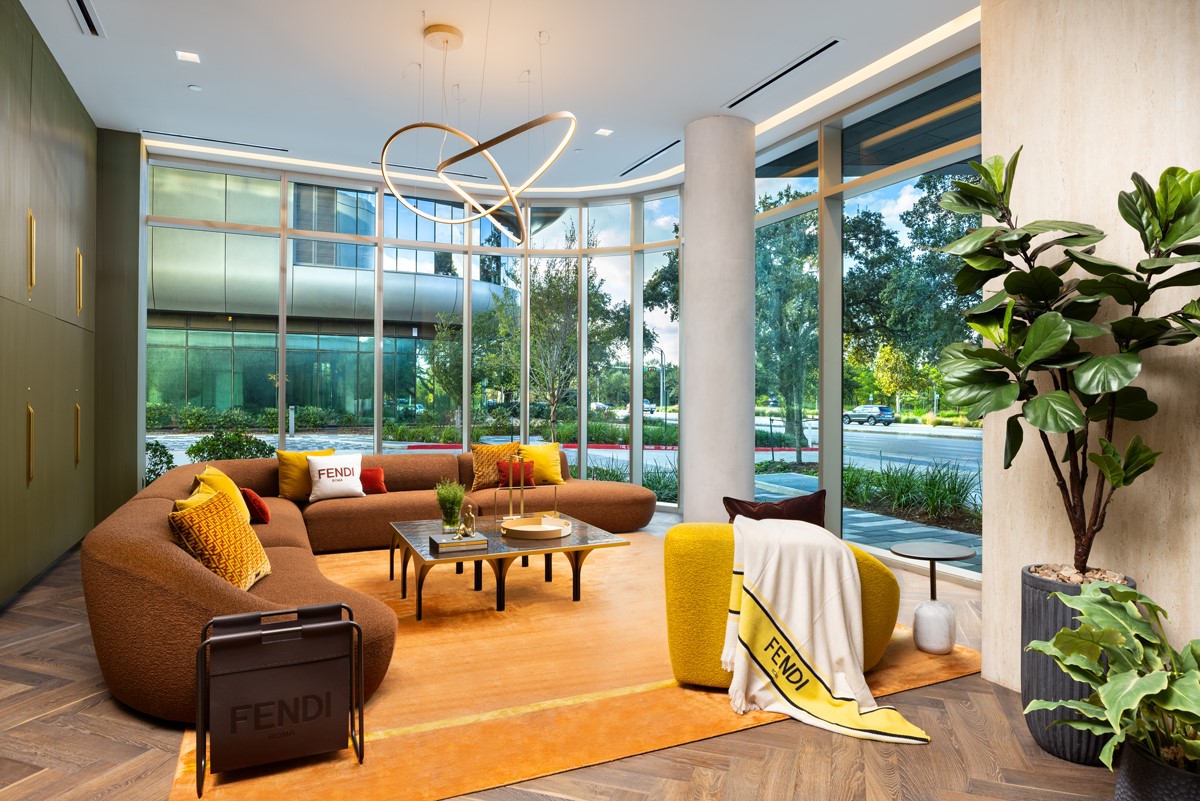 Step into the realm of opulence in the private luxury condo lobby adorned with exquisite FENDI Casa furniture