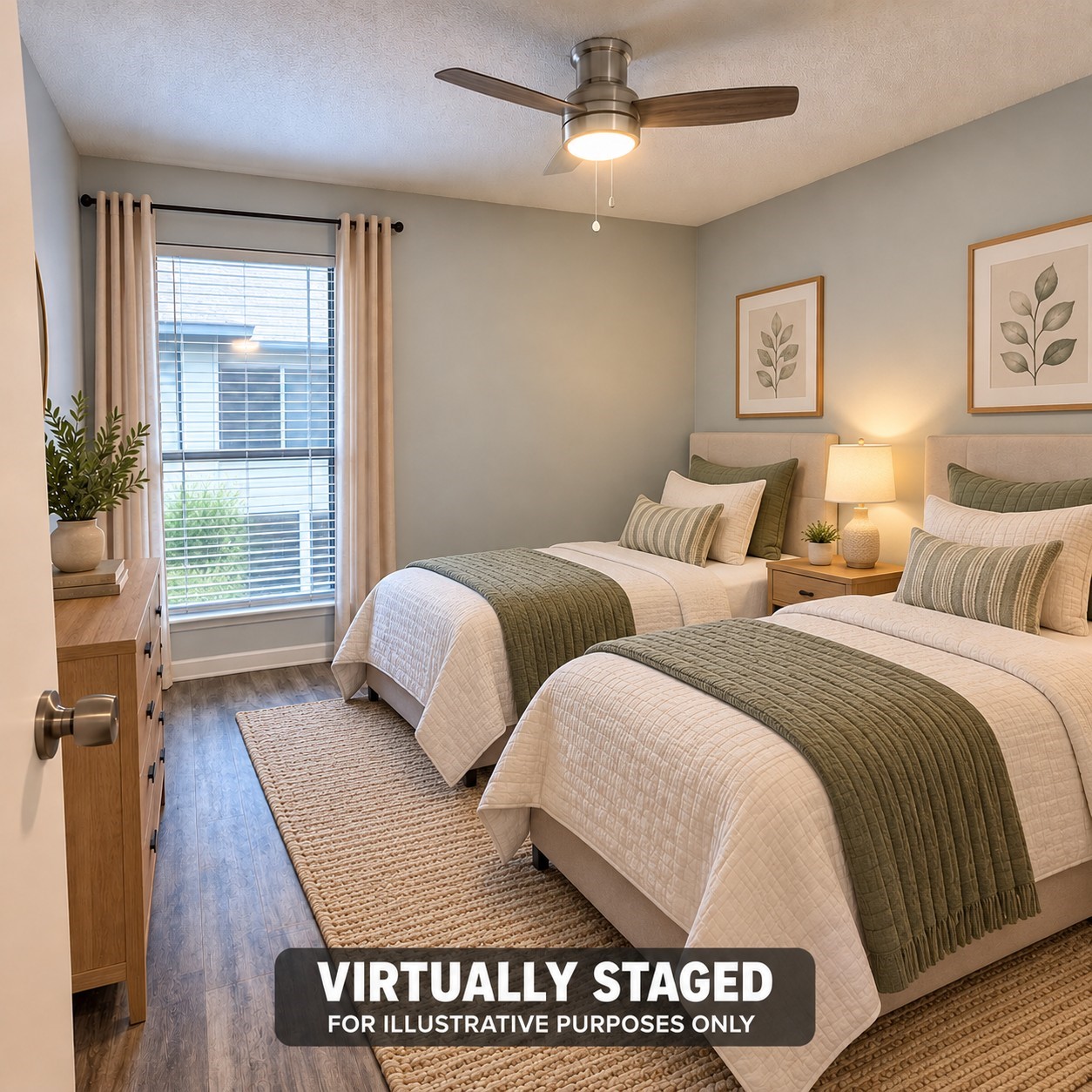Virtual stagged to give you the idea of how spacious this room is. It could fit 2 twin bed.