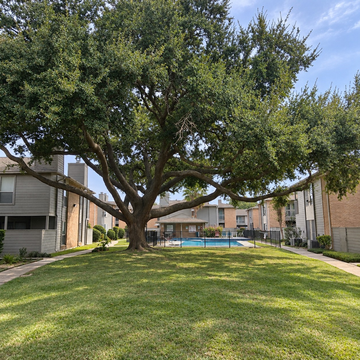 Green area and the closest pool to the building.