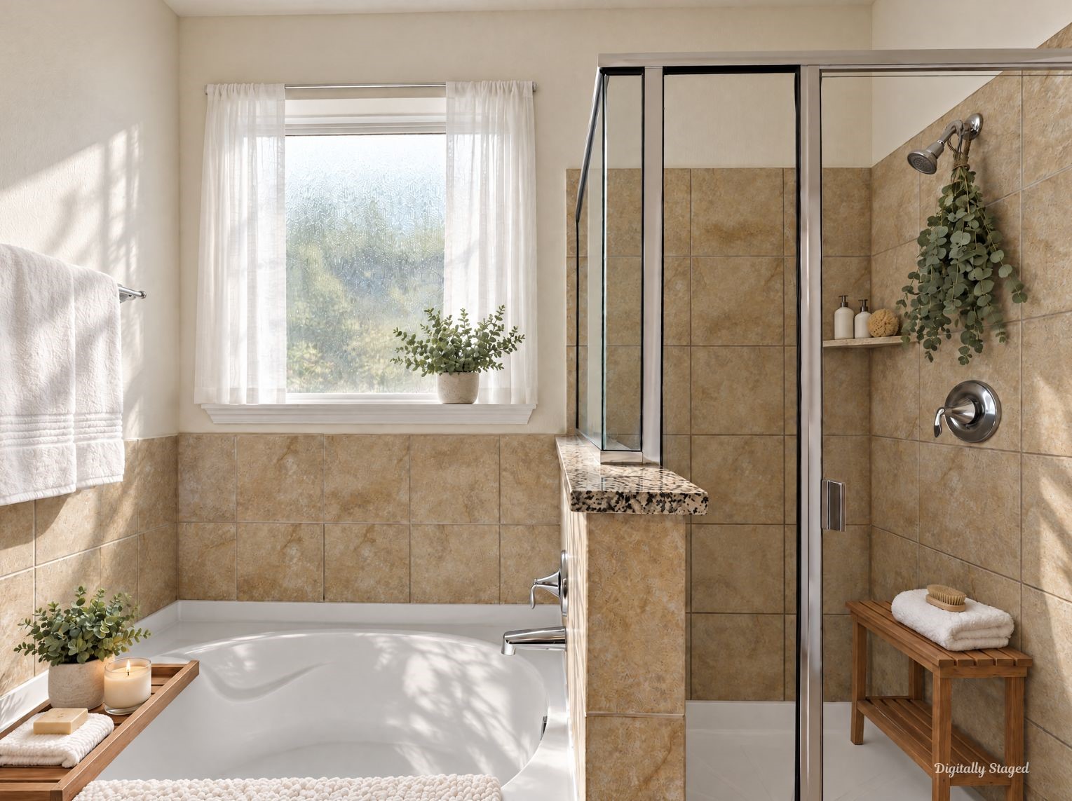 Primary bath featuring a deep soaking tub with tile surround beneath a bright textured-glass window. A glass-enclosed tiled shower with a granite-topped half wall completes the spa-like setup.
This photo has been digitally staged to illustrate the possibilities of the homes aesthetic and potential design. Some furnishings and dcor shown are for visual inspiration.
