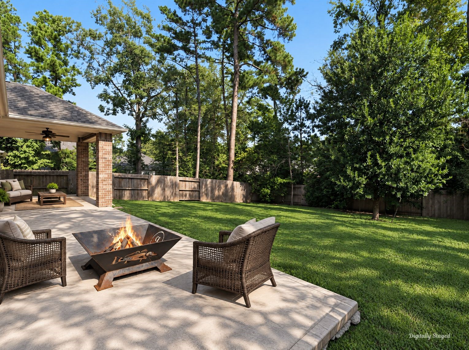 Expansive concrete patio extending from a covered area into a lush, fenced backyard. Mature trees frame the yard and add shade and privacy.
This photo has been digitally staged to illustrate the possibilities of the homes aesthetic and potential design. Some furnishings and dcor shown are for visual inspiration.