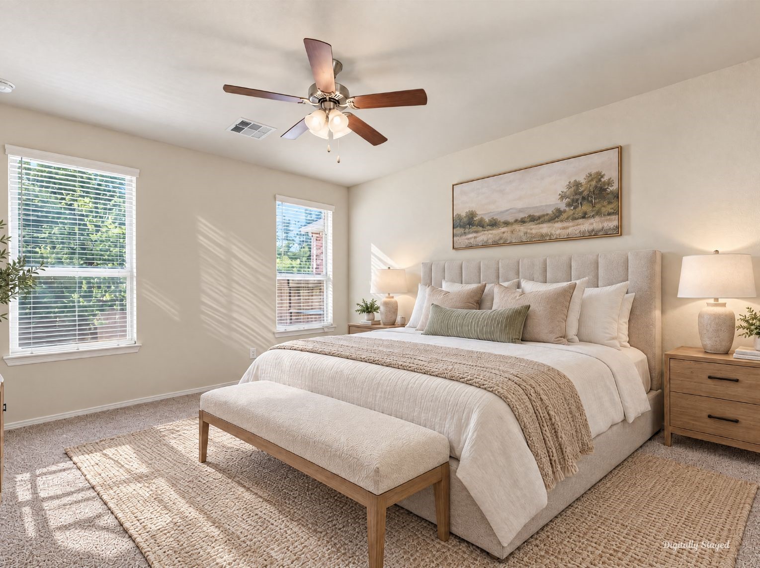 Generous primary bedroom with a ceiling fan, soft carpet, and two windows that bring in natural light. Soft neutral walls create a restful setting with room for a full furniture layout.
This photo has been digitally staged to illustrate the possibilities of the homes aesthetic and potential design. Some furnishings and dcor shown are for visual inspiration.