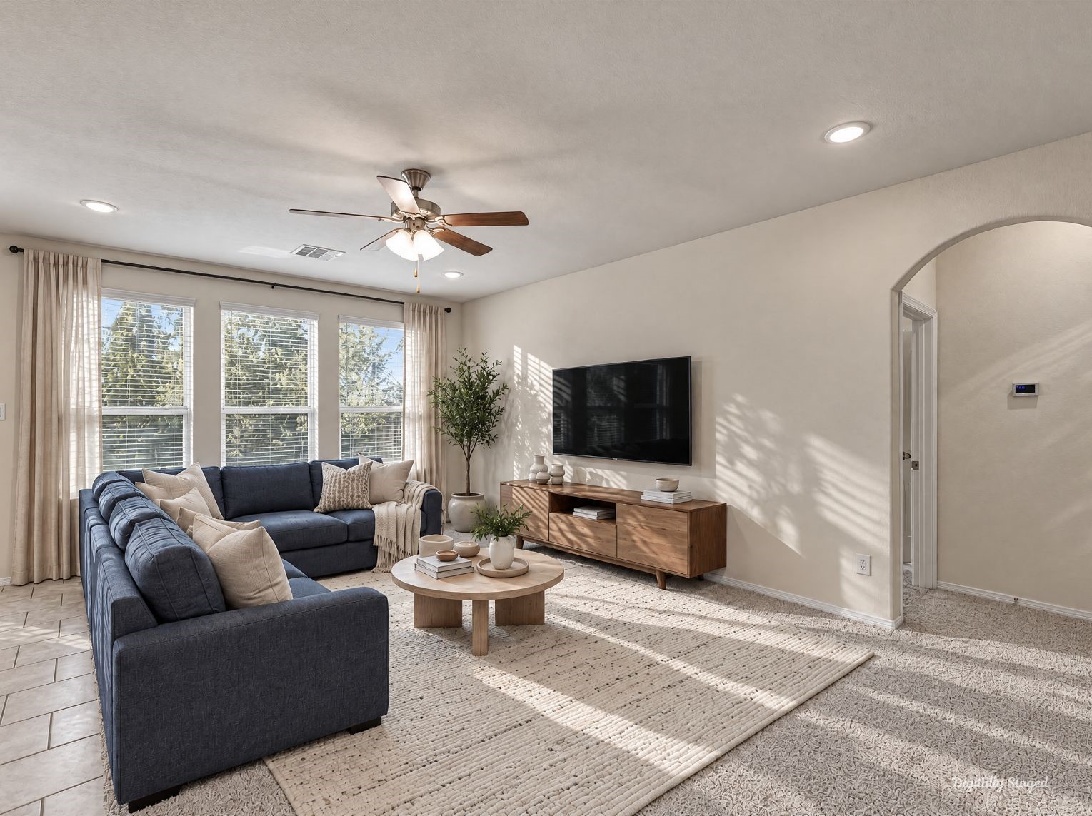 Spacious living room with a triple window set, a ceiling fan, and recessed lighting. An arched opening leads to the hall, adding architectural character.
This photo has been digitally staged to illustrate the possibilities of the homes aesthetic and potential design. Some furnishings and dcor shown are for visual inspiration.