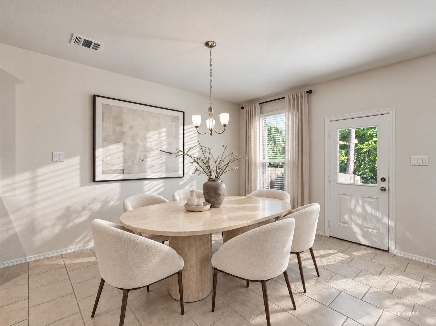 Dining area with a brushed-nickel chandelier, tile flooring, and a window that brings in natural light. A glass-paned door provides direct access to the backyard.
This photo has been digitally staged to illustrate the possibilities of the homes aesthetic and potential design. Some furnishings and dcor shown are for visual inspiration.