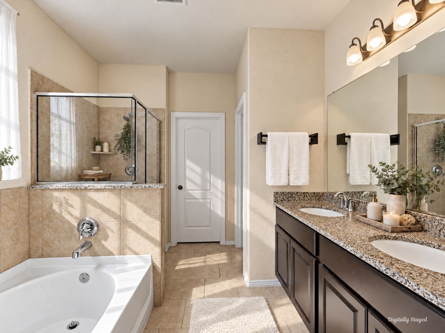 Spacious primary bath with a dual-sink granite vanity, dark cabinetry, and a multi-light fixture. The soaking tub and glass-enclosed shower sit together on warm tile flooring.
This photo has been digitally staged to illustrate the possibilities of the homes aesthetic and potential design. Some furnishings and dcor shown are for visual inspiration.