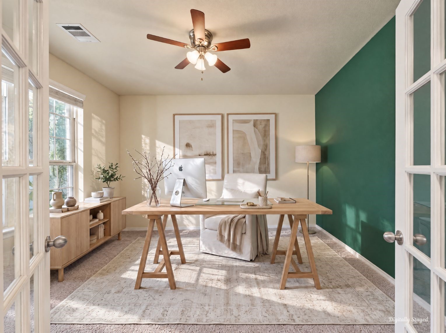 Bright front office framed by classic French doors and finished with a bold deep-green accent wall. A ceiling fan and soft carpet make it ideal as a home office or study.
This photo has been digitally staged to illustrate the possibilities of the homes aesthetic and potential design. Some furnishings and dcor shown are for visual inspiration.
