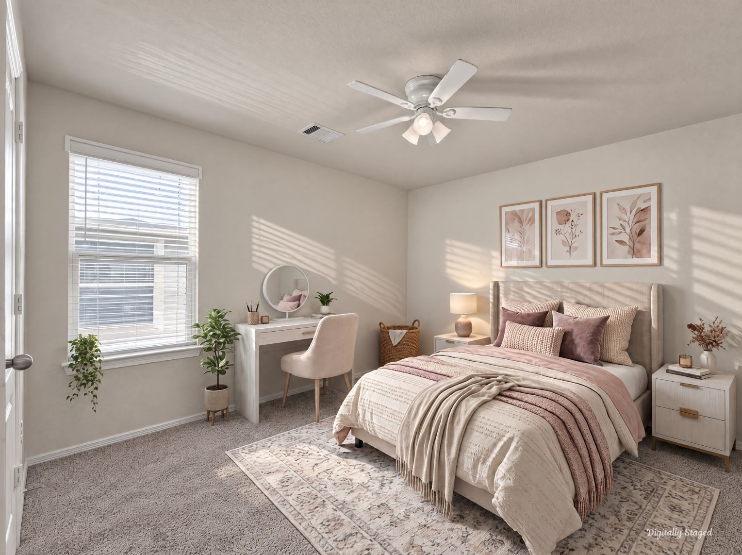Comfortable carpeted bedroom with a ceiling fan and a large window that brings in plenty of natural light. Soft neutral walls make a calm, flexible backdrop.
This photo has been digitally staged to illustrate the possibilities of the homes aesthetic and potential design. Some furnishings and dcor shown are for visual inspiration.