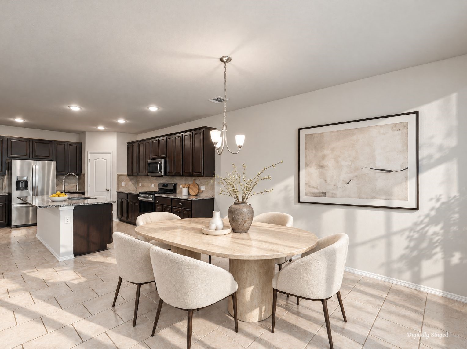 Open kitchen and dining area with rich dark cabinetry, granite countertops, and a diagonal tile backsplash. Stainless steel appliances and a center island keep everything within easy reach.
This photo has been digitally staged to illustrate the possibilities of the homes aesthetic and potential design. Some furnishings and dcor shown are for visual inspiration.