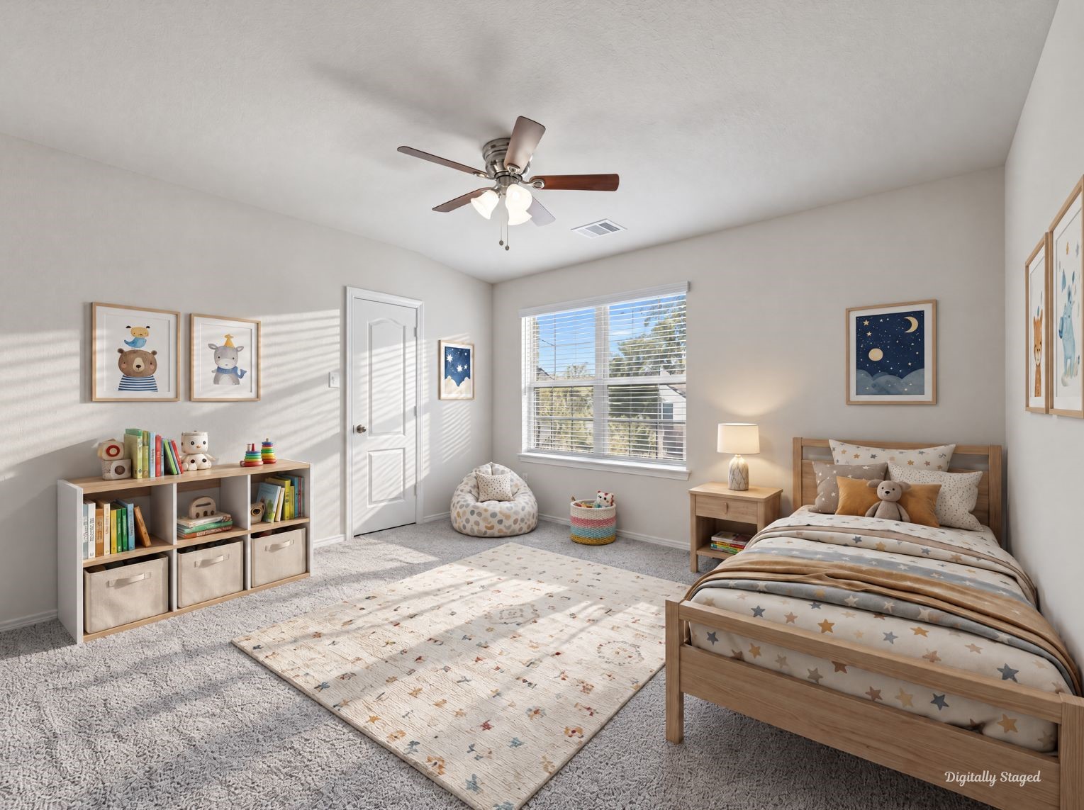 Upstairs bedroom with a ceiling fan, soft carpet, and a window that lets in natural light. The open floor plan offers flexibility for sleeping, work, or hobbies.
This photo has been digitally staged to illustrate the possibilities of the homes aesthetic and potential design. Some furnishings and dcor shown are for visual inspiration.